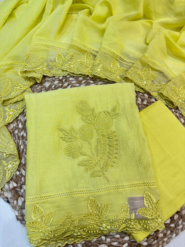Yellow Mul Unstitched suit Set
