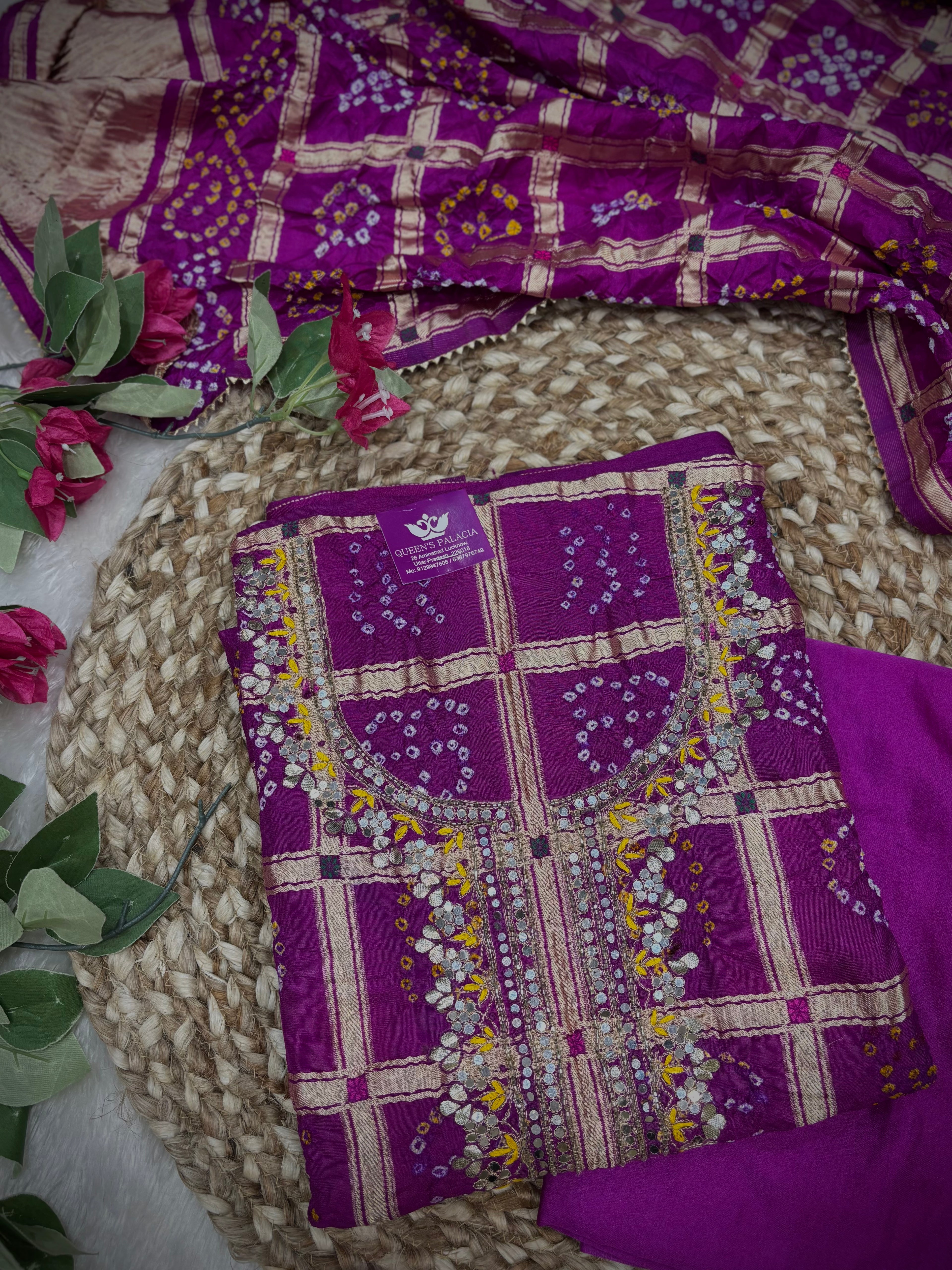 Gulnaar Bandhani Unstitched Suit Set