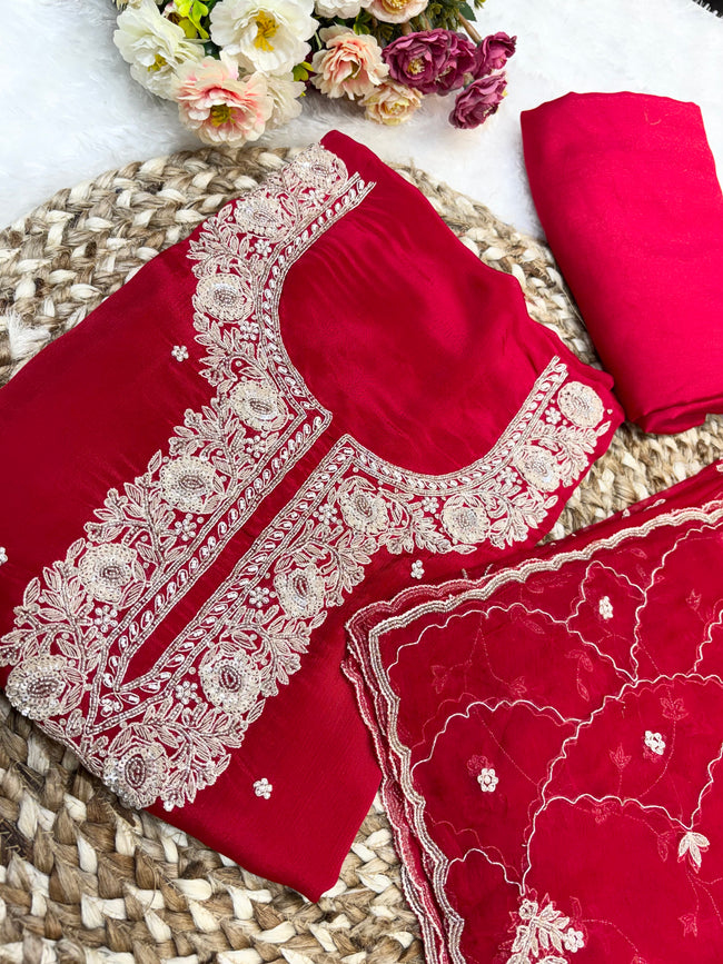 Crimson Rose Unstitched Suit Set Hover Image