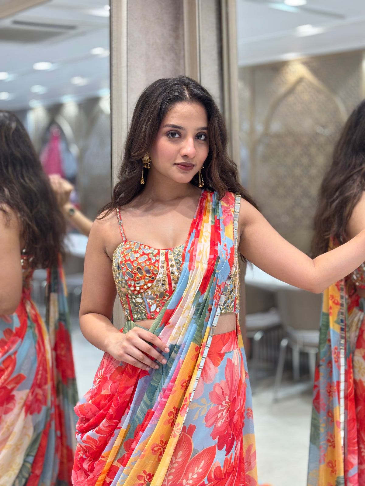 Multicolour Floral Pre Draped Saree