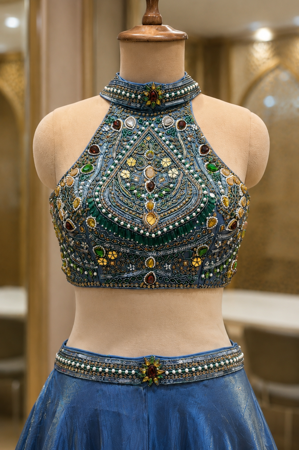Ocean Blue Embellished Halter Lehenga Set