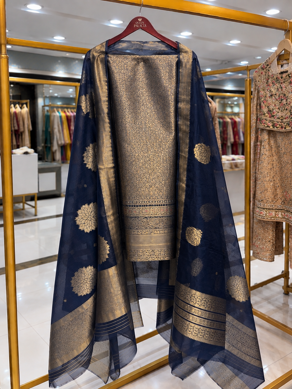 Midnight Navy Zari Unstitched Suit