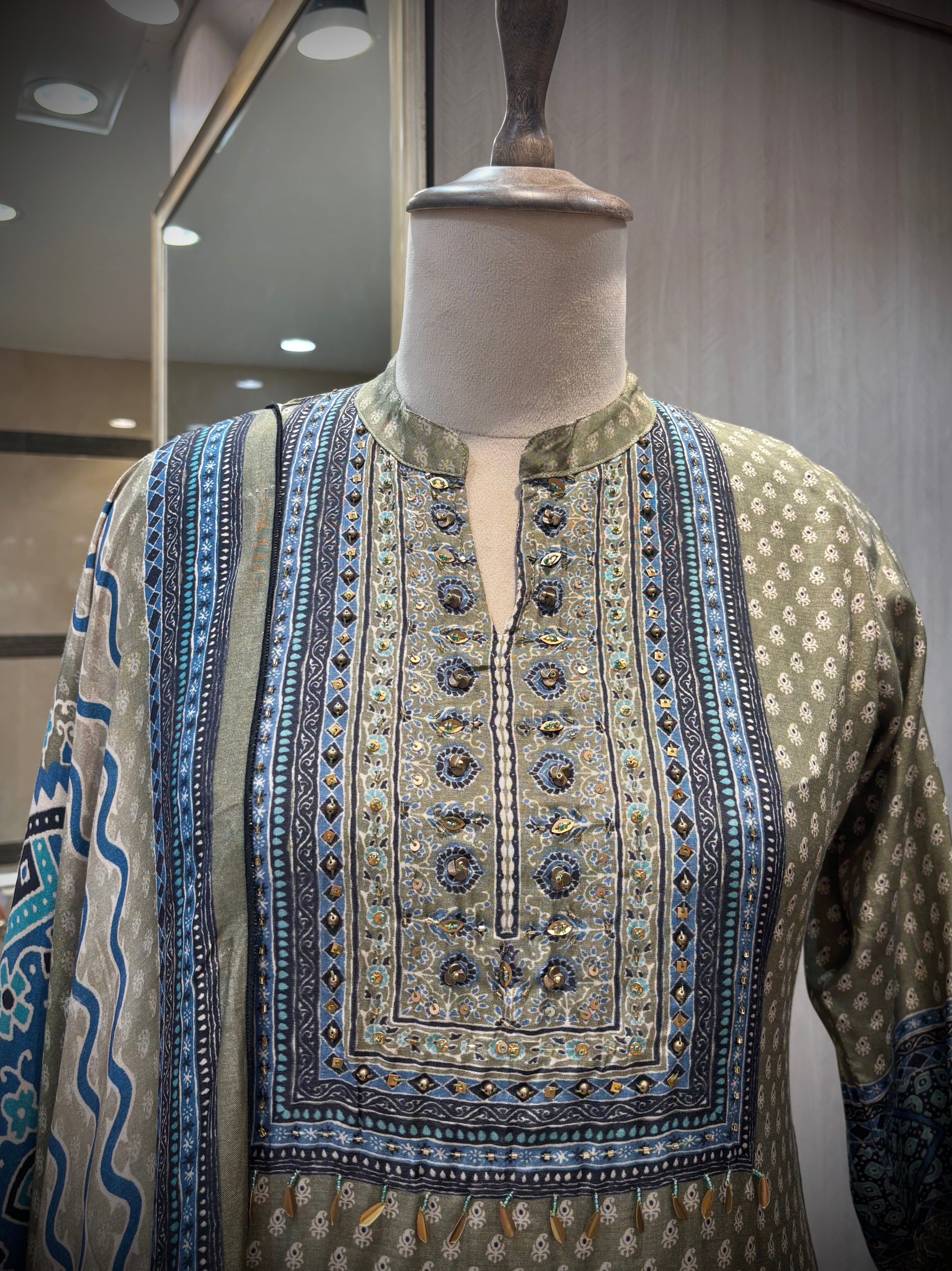 Olive & Indigo Motif Kurta Set