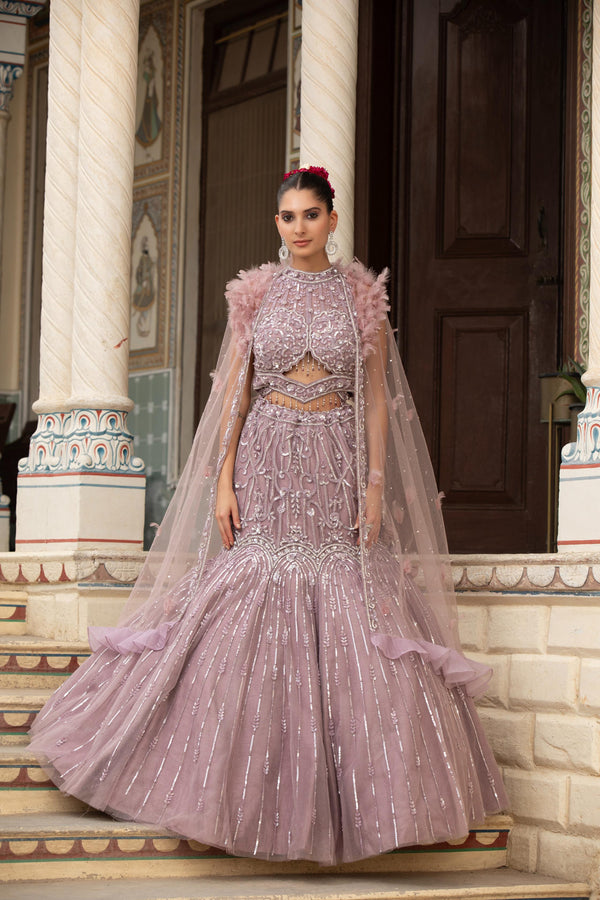 Onion Mauve Feather-Trim Gown
