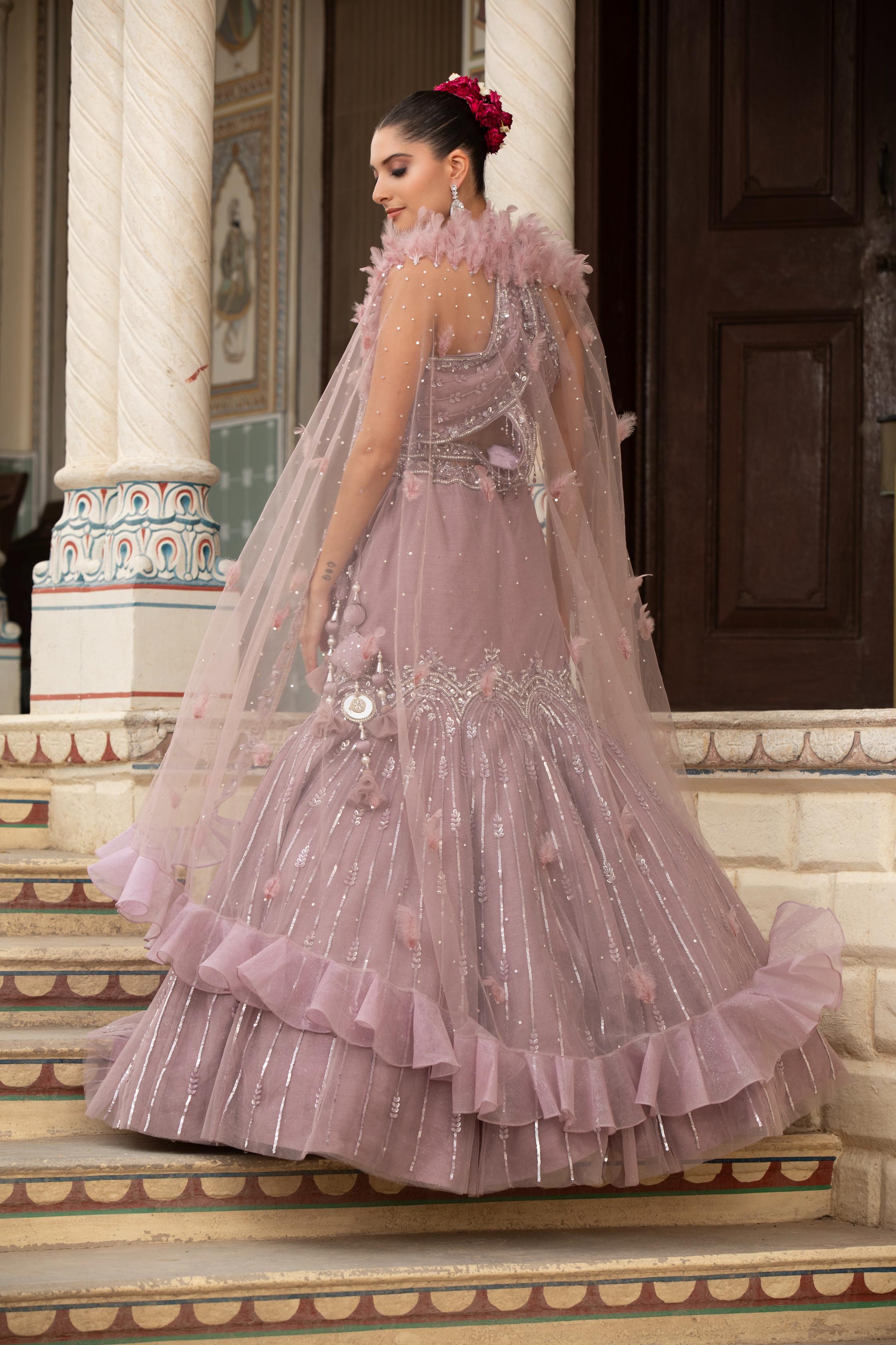 Onion Mauve Feather-Trim Gown