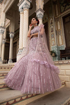 Onion Mauve Feather-Trim Gown