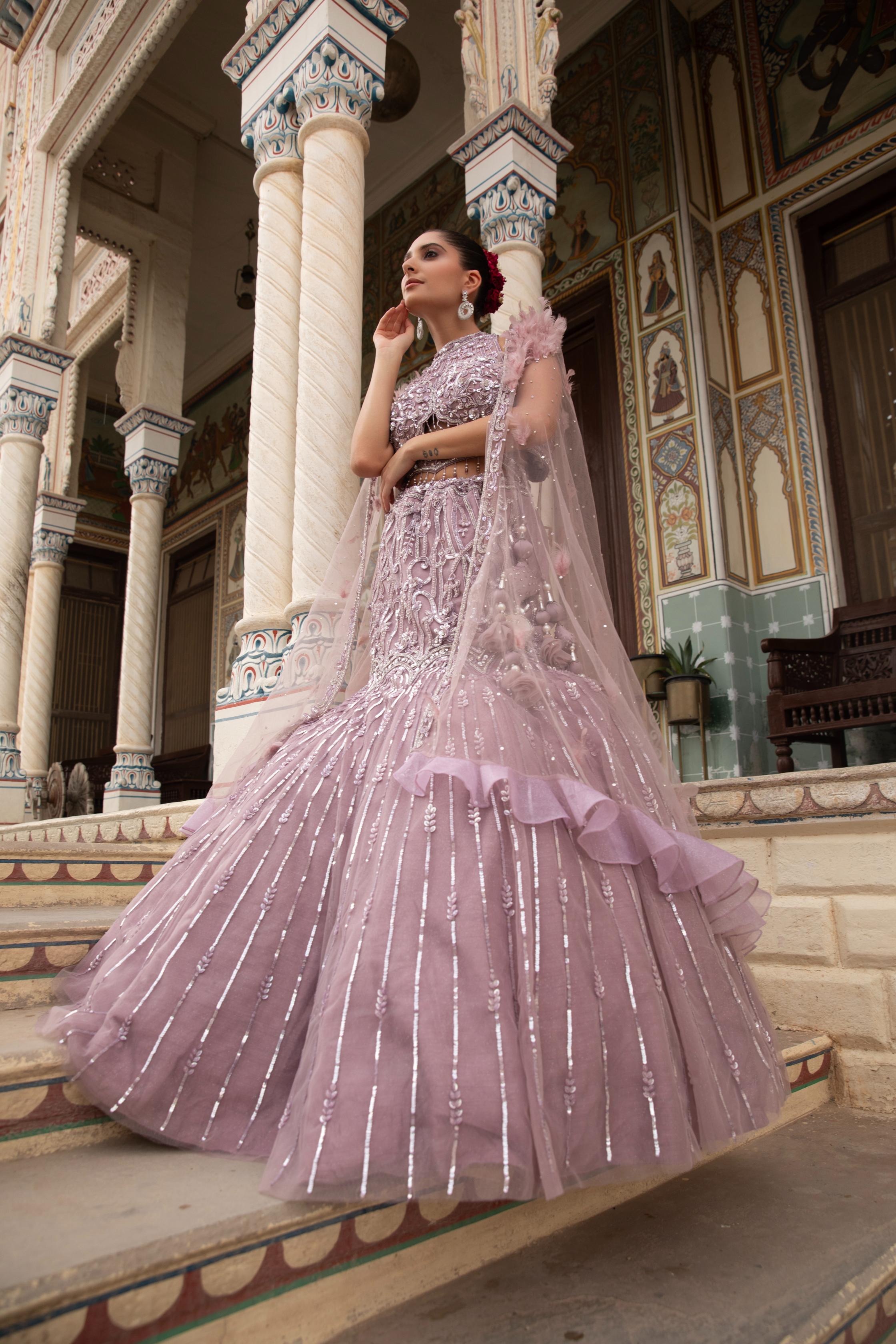 Onion Mauve Feather-Trim Gown