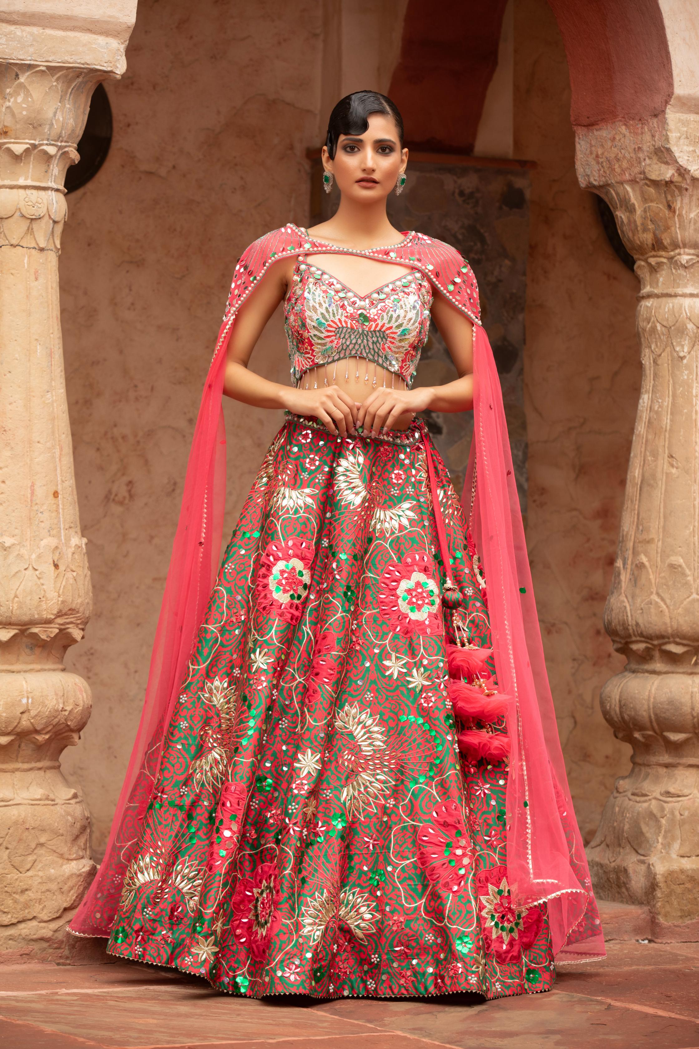 Emerald & Ruby Cape-Style Lehenga Set