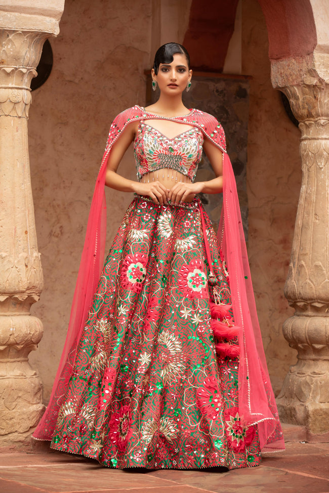 Emerald & Ruby Cape-Style Lehenga Set Hover Image