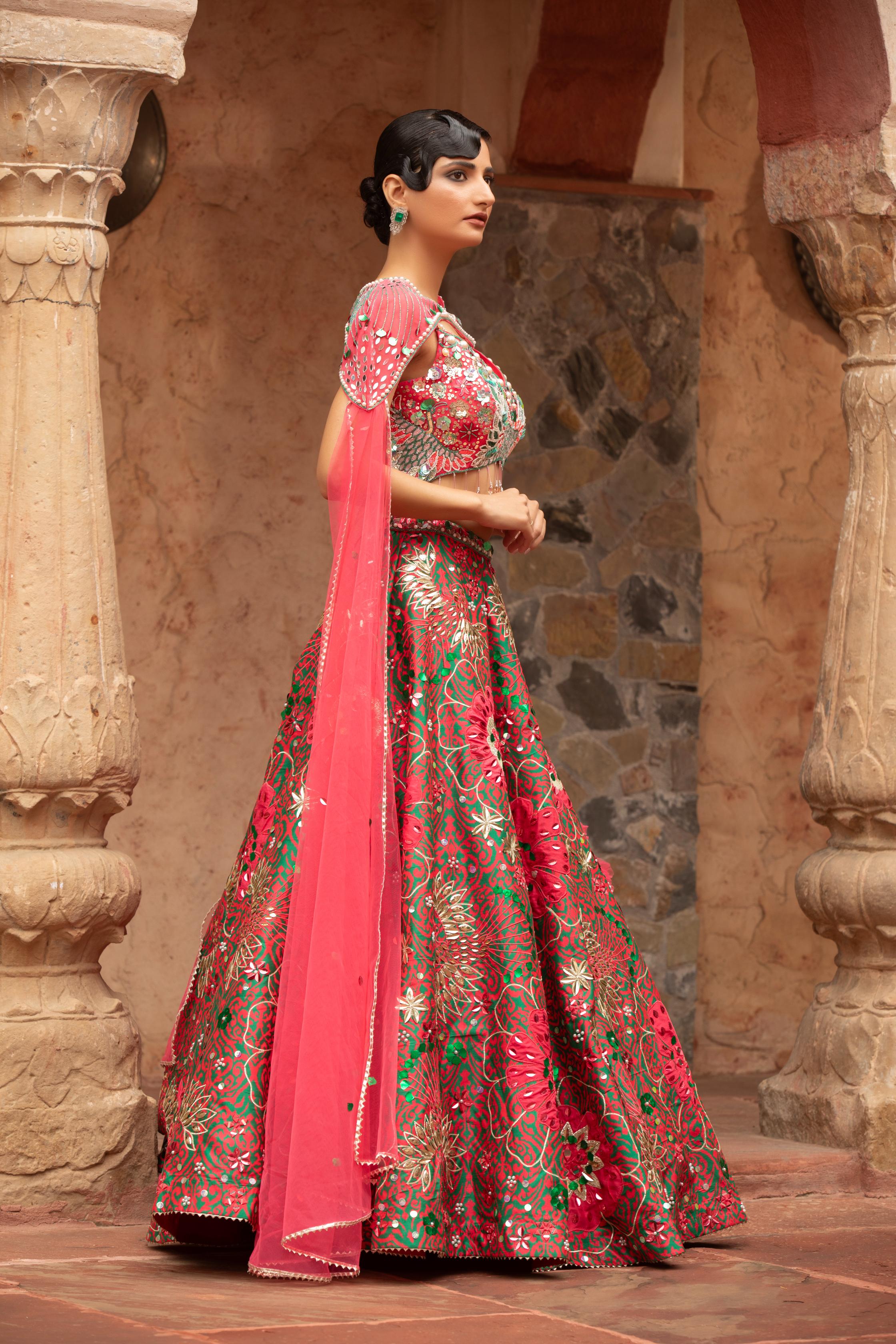 Emerald & Ruby Cape-Style Lehenga Set