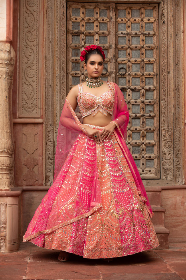 Ombre Mirror-Work Lehenga Set Hover Image