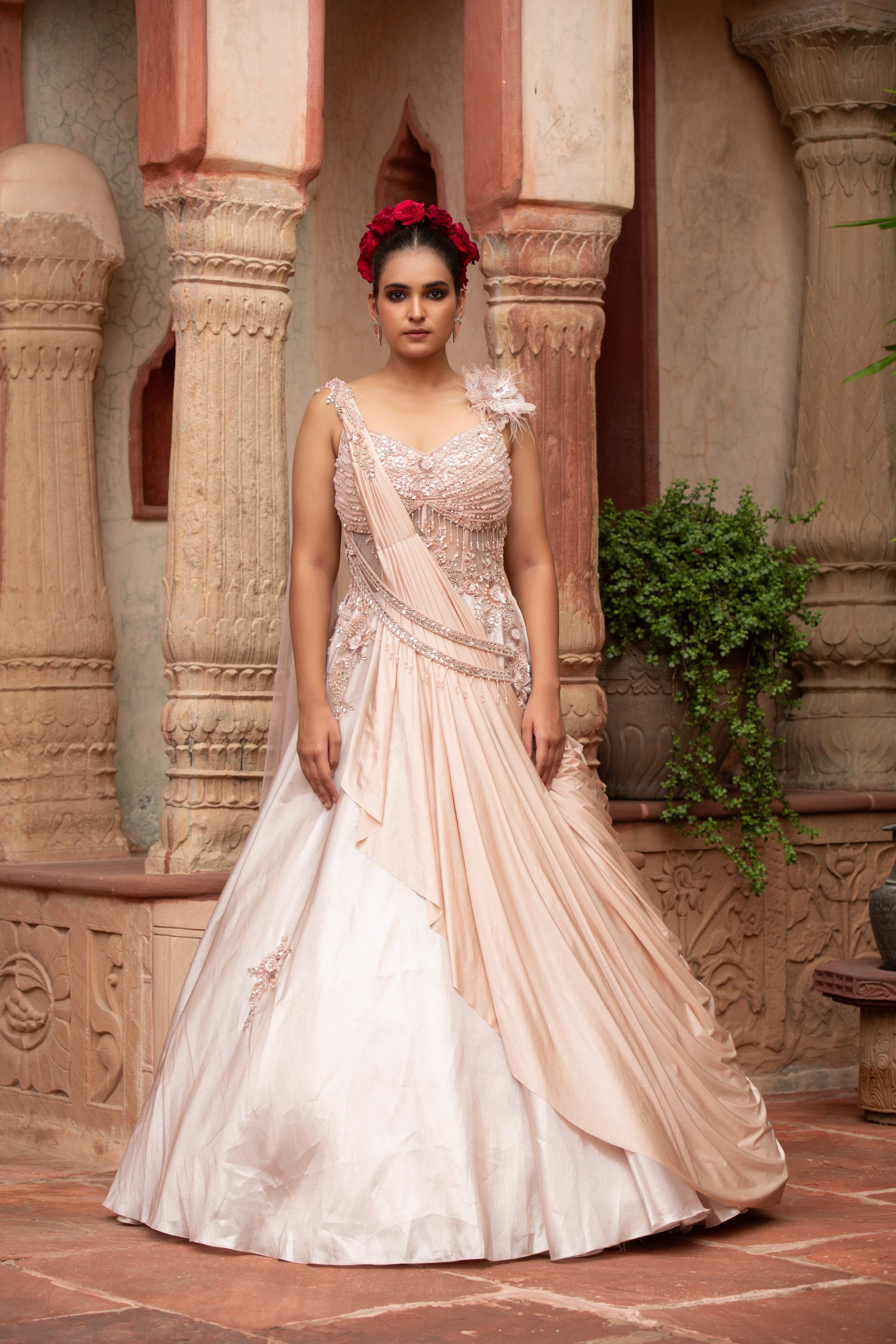 Pre-Draped Saree Gown with Feather Detail