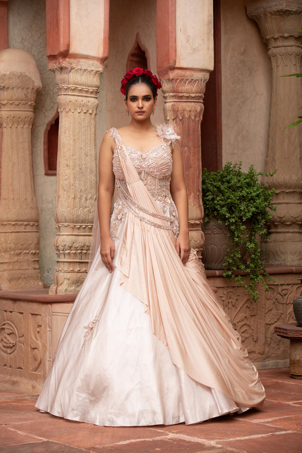 Pre-Draped Saree Gown with Feather Detail