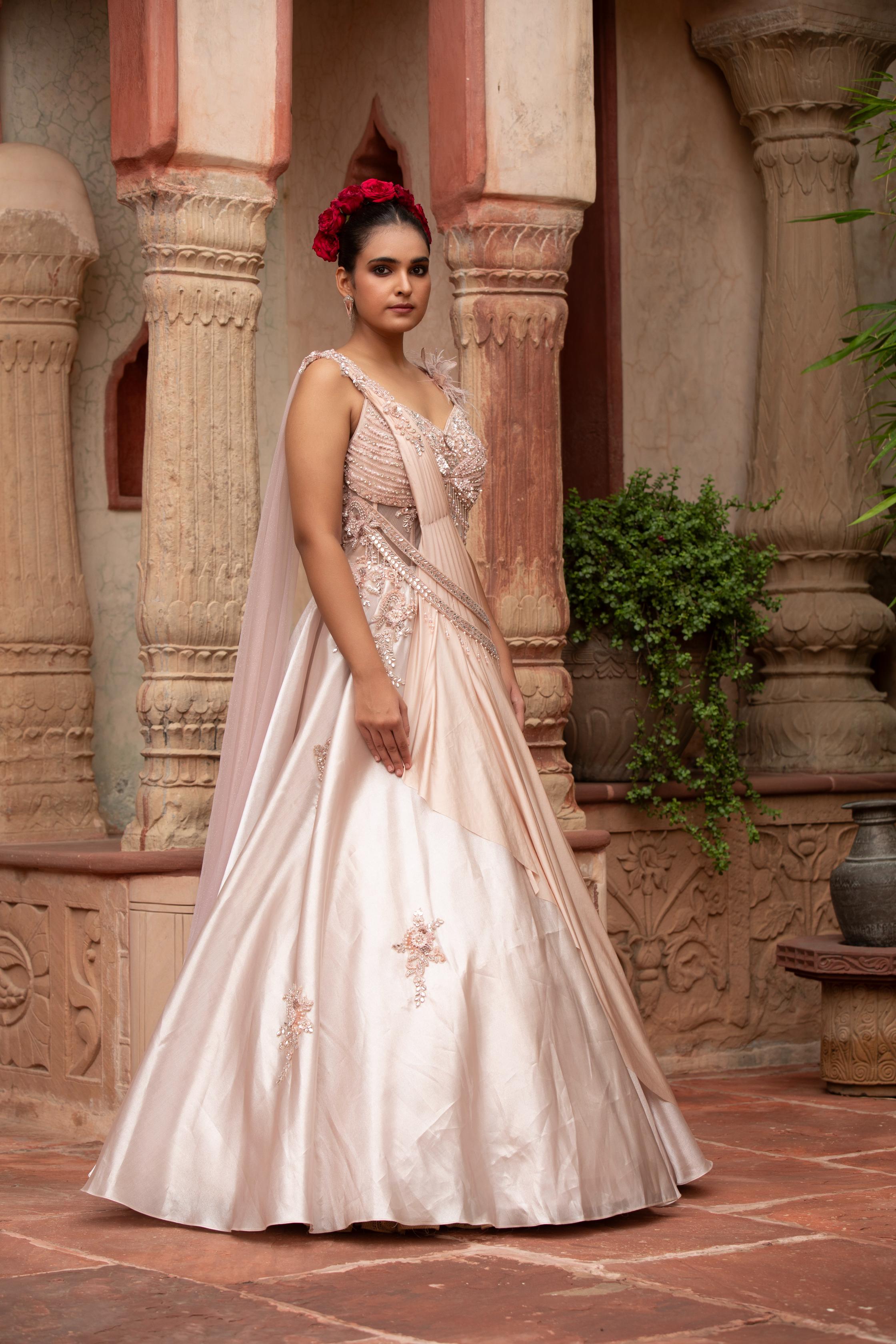 Pre-Draped Saree Gown with Feather Detail