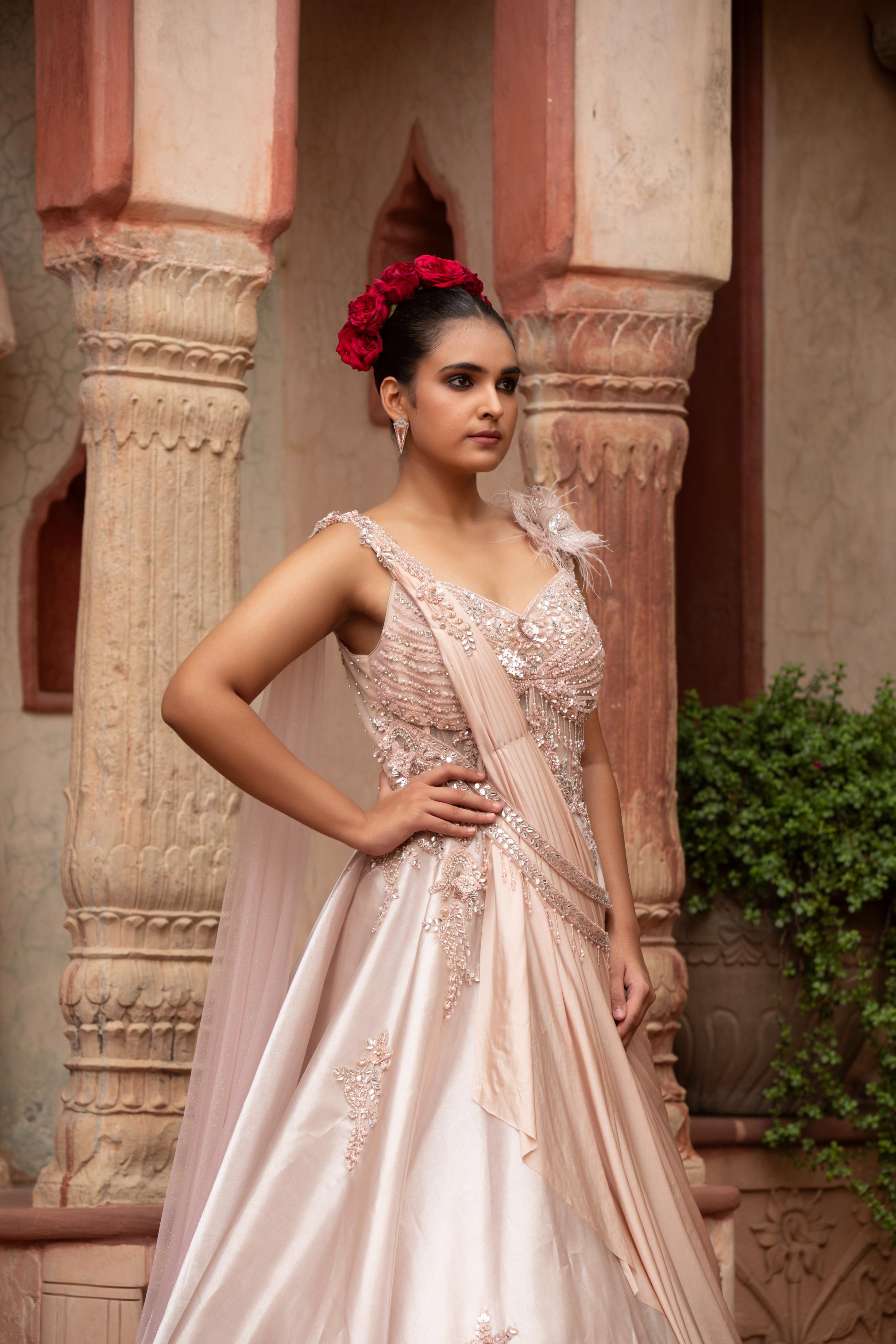 Pre-Draped Saree Gown with Feather Detail