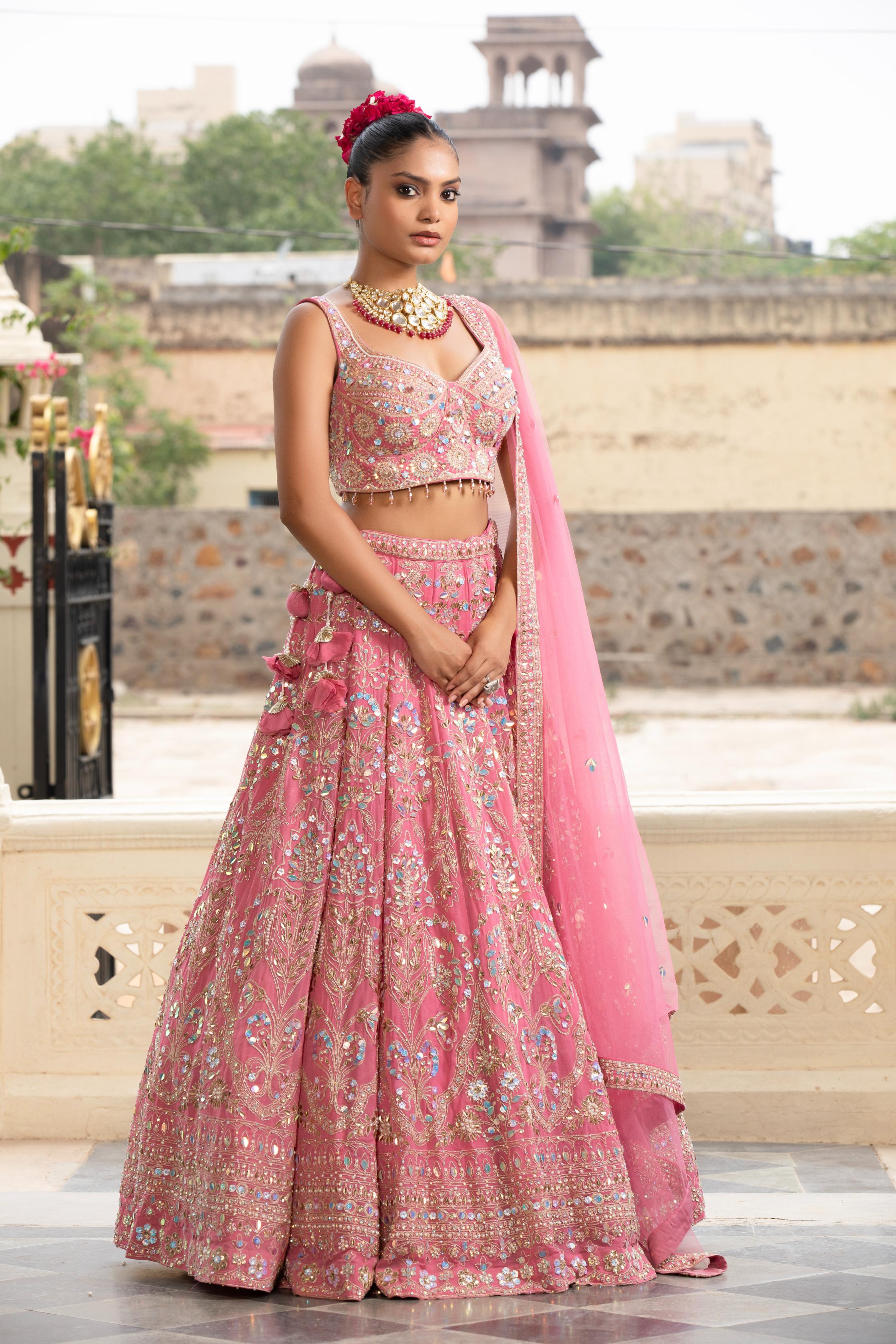 Pink Garden Mirror-Work Lehenga Set
