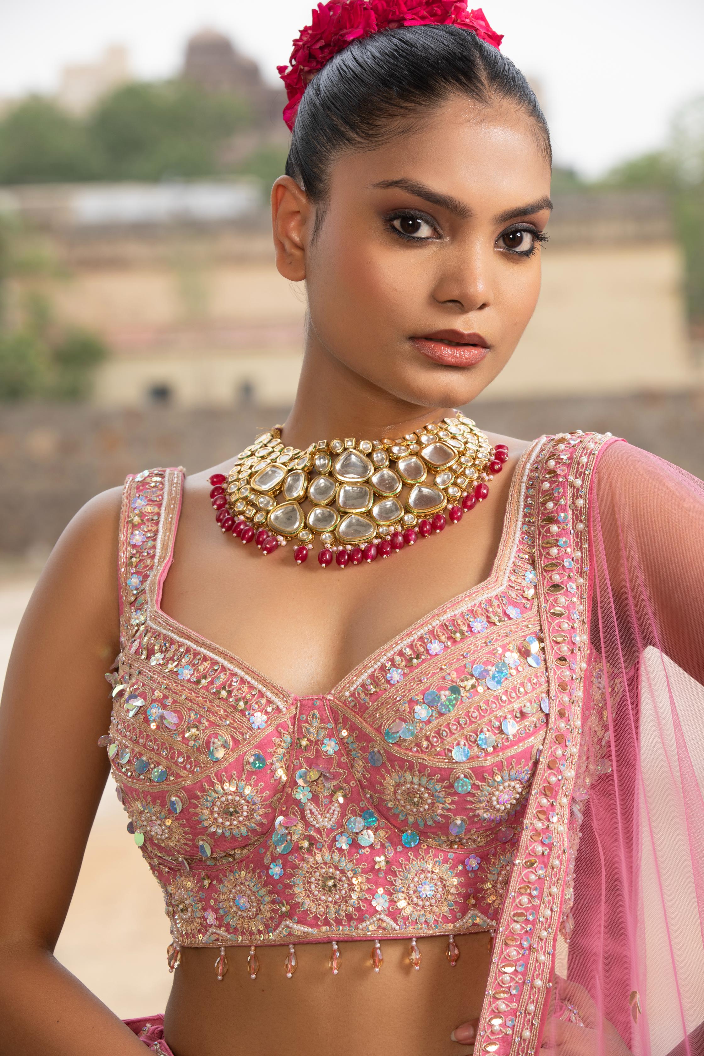 Pink Garden Mirror-Work Lehenga Set