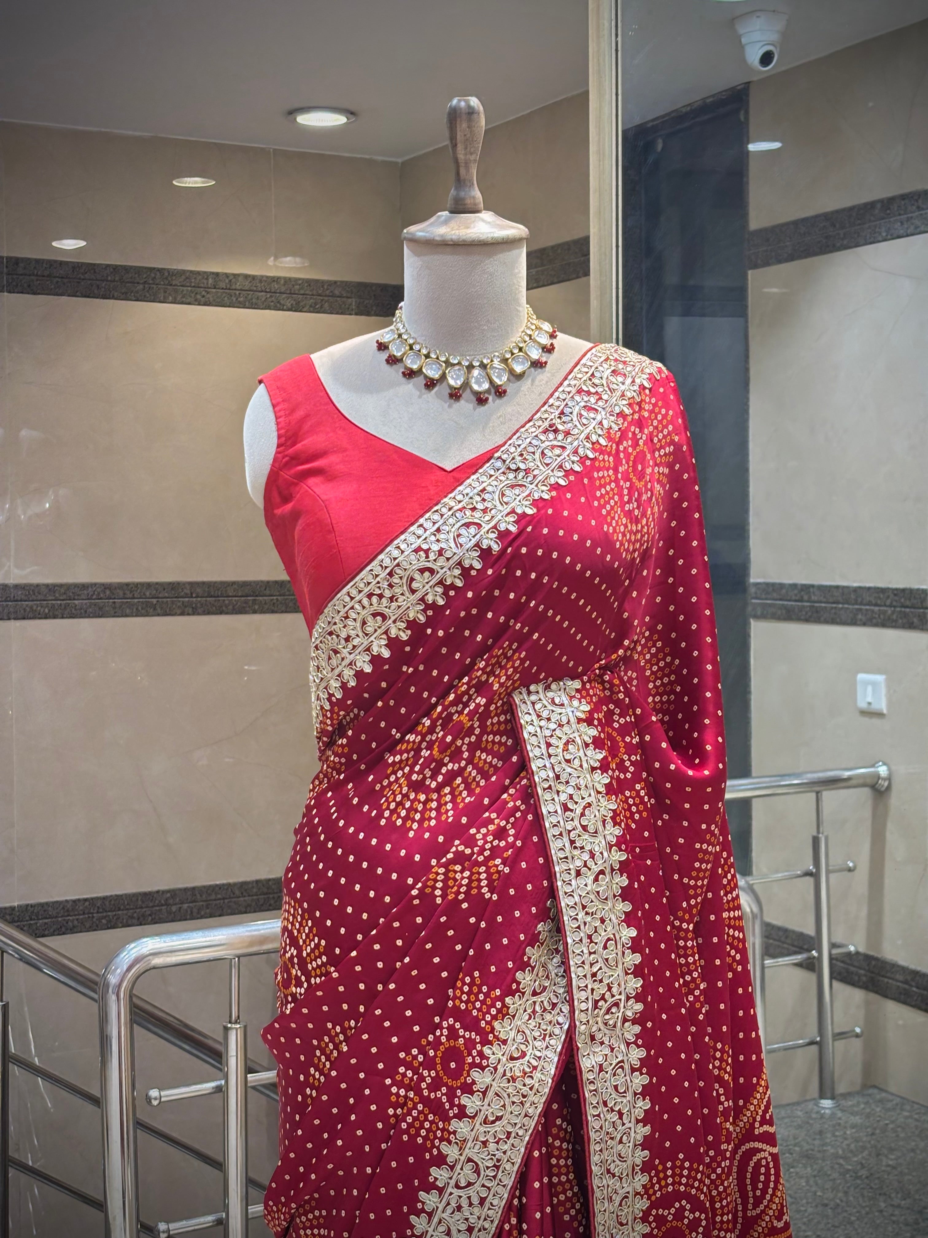 Handcrafted Bandhani Saree with Gota Patti