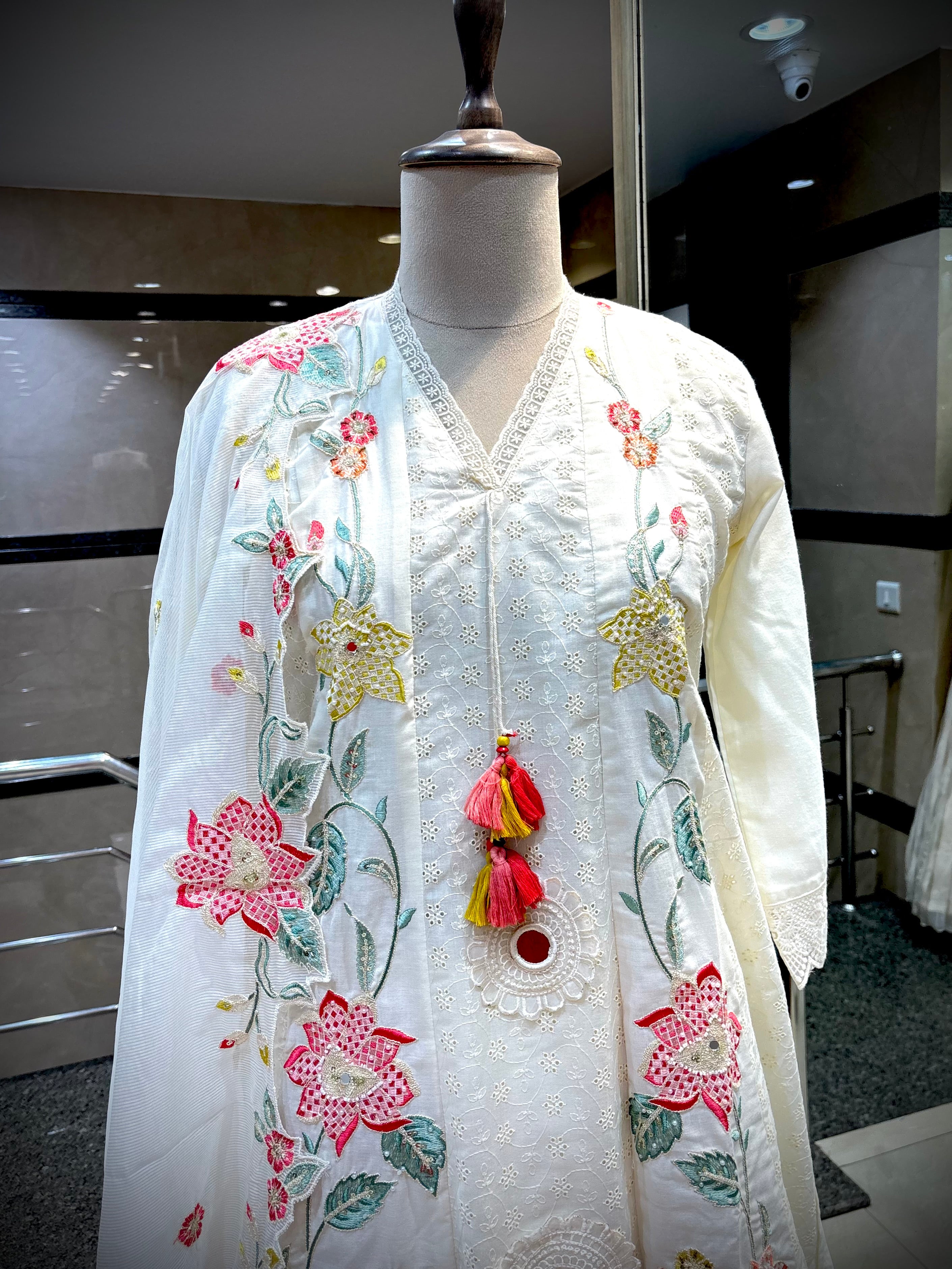 Off White Elegance: Embroidered & Cutwork Suit