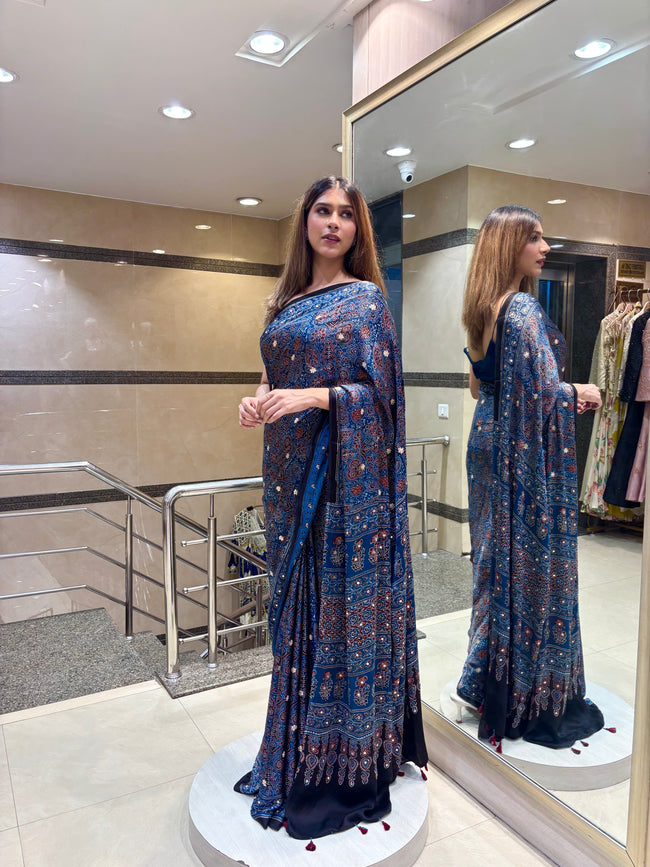 Midnight blue Ajrakh Saree Hover Image