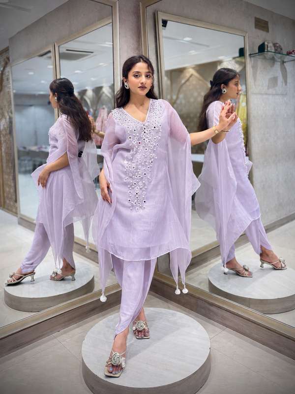 Pastel Lilac Hand-Embellished Kaftan Set