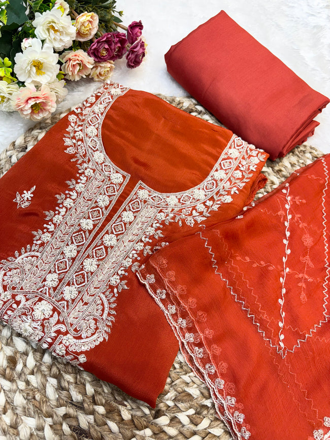 Rust Zari Unstitched Suit Set Hover Image