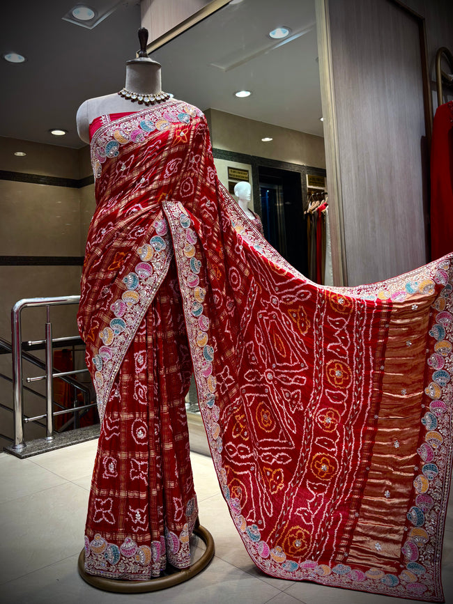 Royal Scarlet Silk Bandhani Saree Hover Image