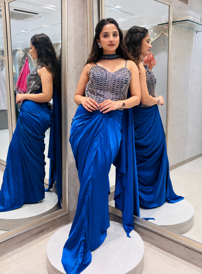 Electric Blue Embellished Drape Set Hover Image