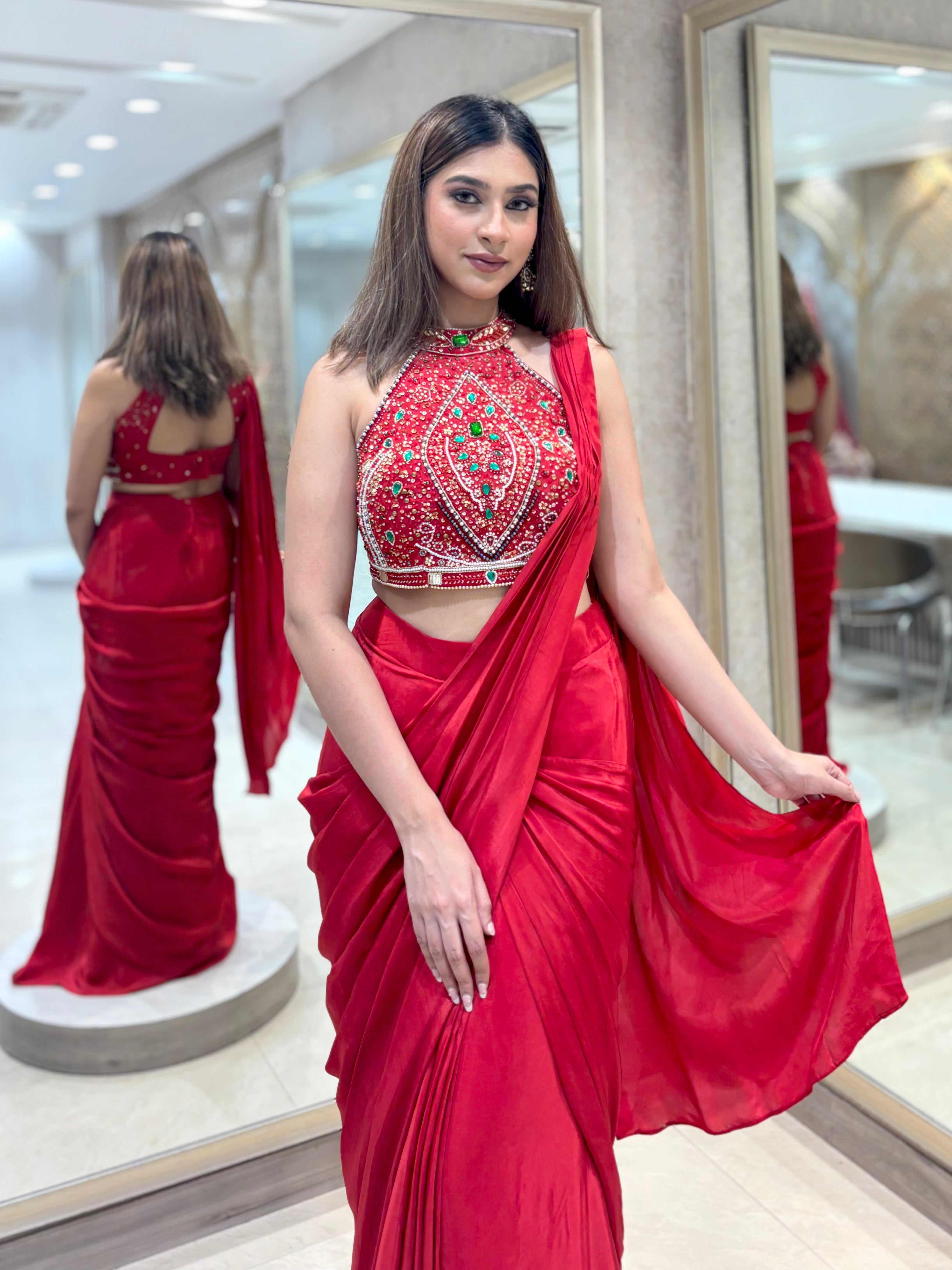 Crimson Glamour Pre-Draped Saree Set