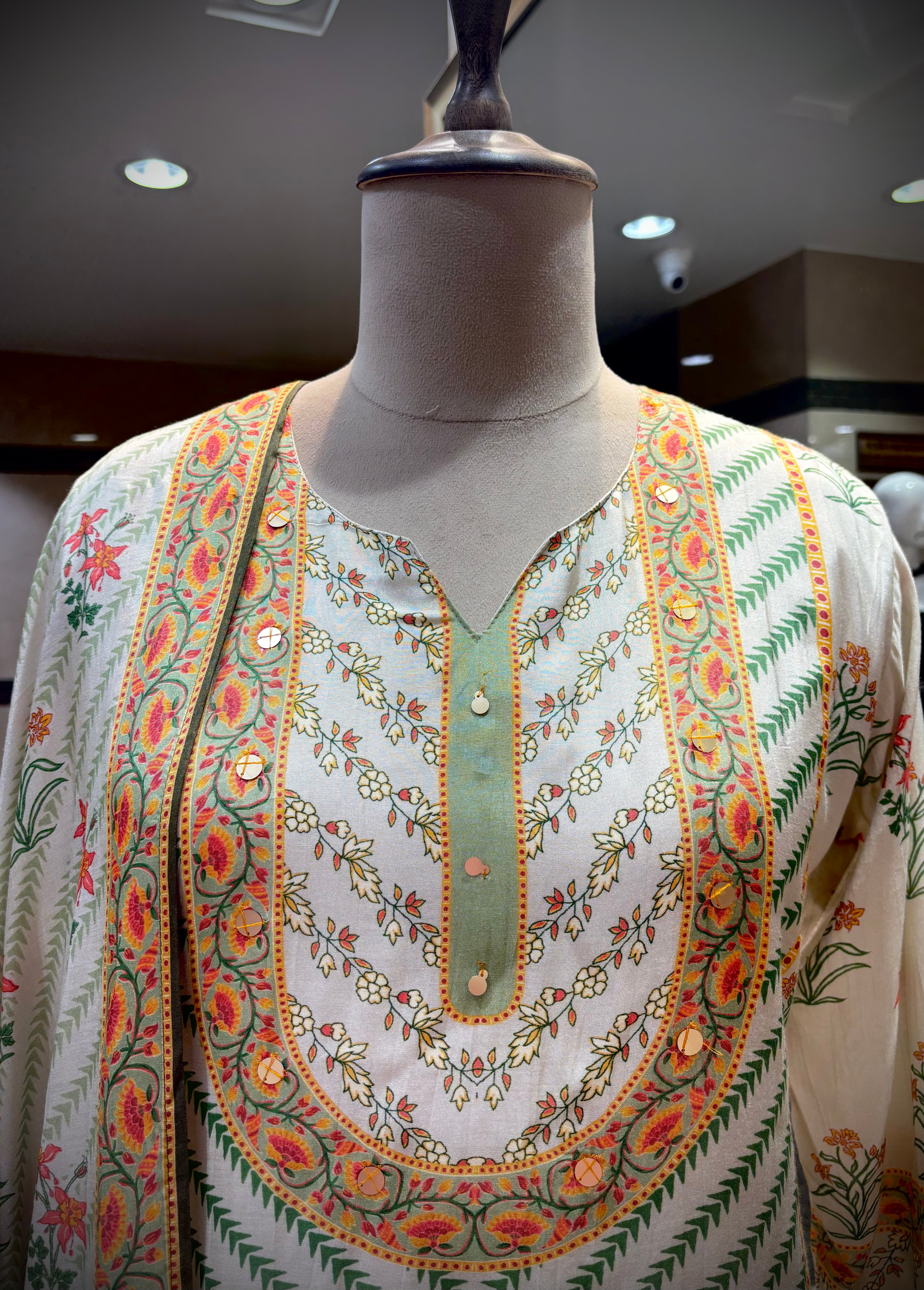Sage & Coral Floral-Mughal Kurta Set