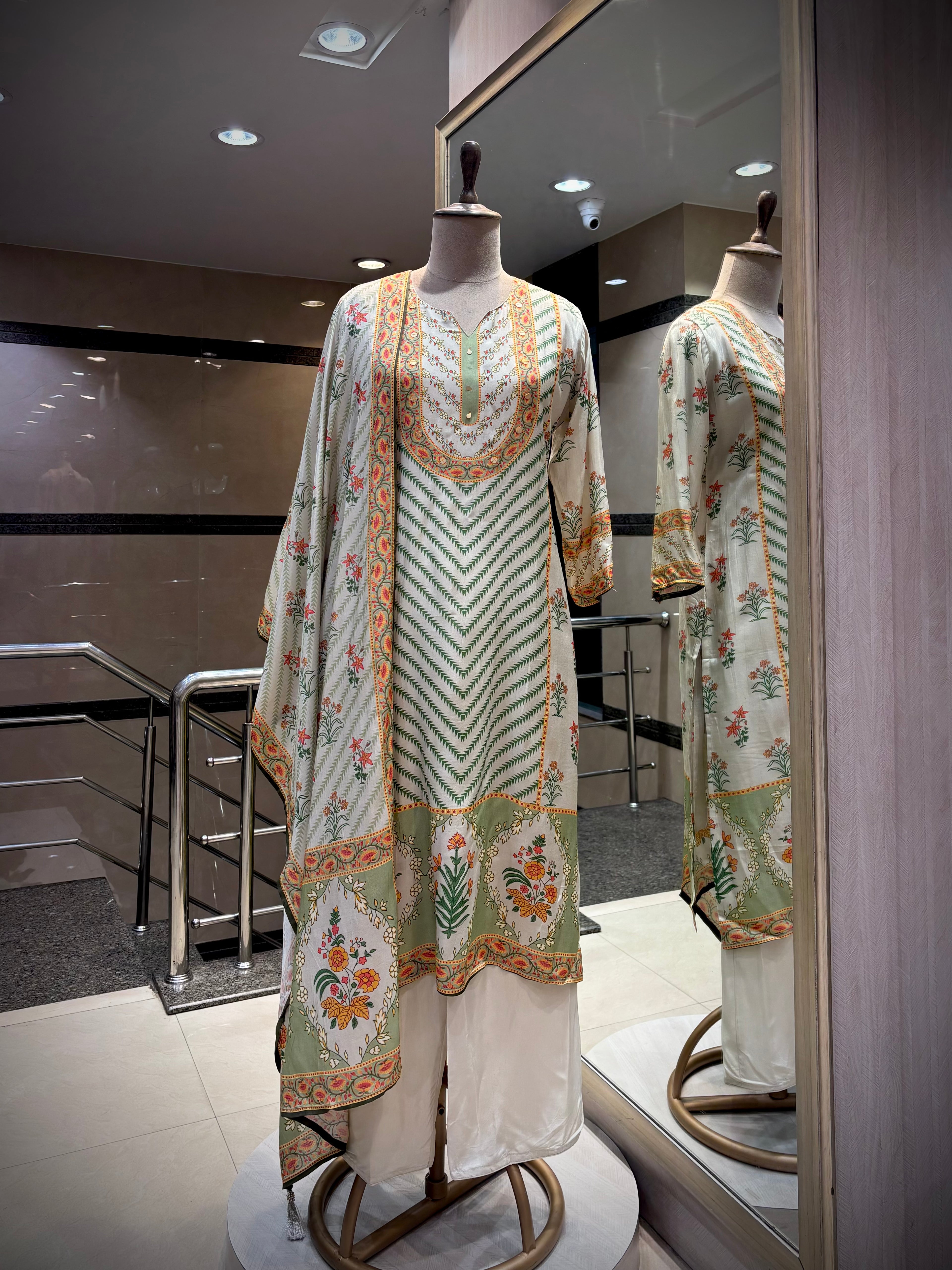 Sage & Coral Floral-Mughal Kurta Set