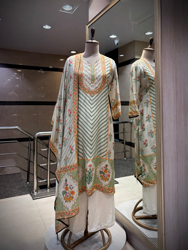 Sage & Coral Floral-Mughal Kurta Set
