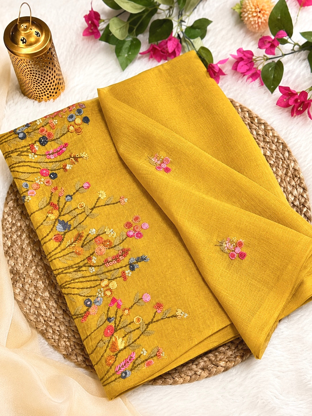 Mustard Saree with French Knot