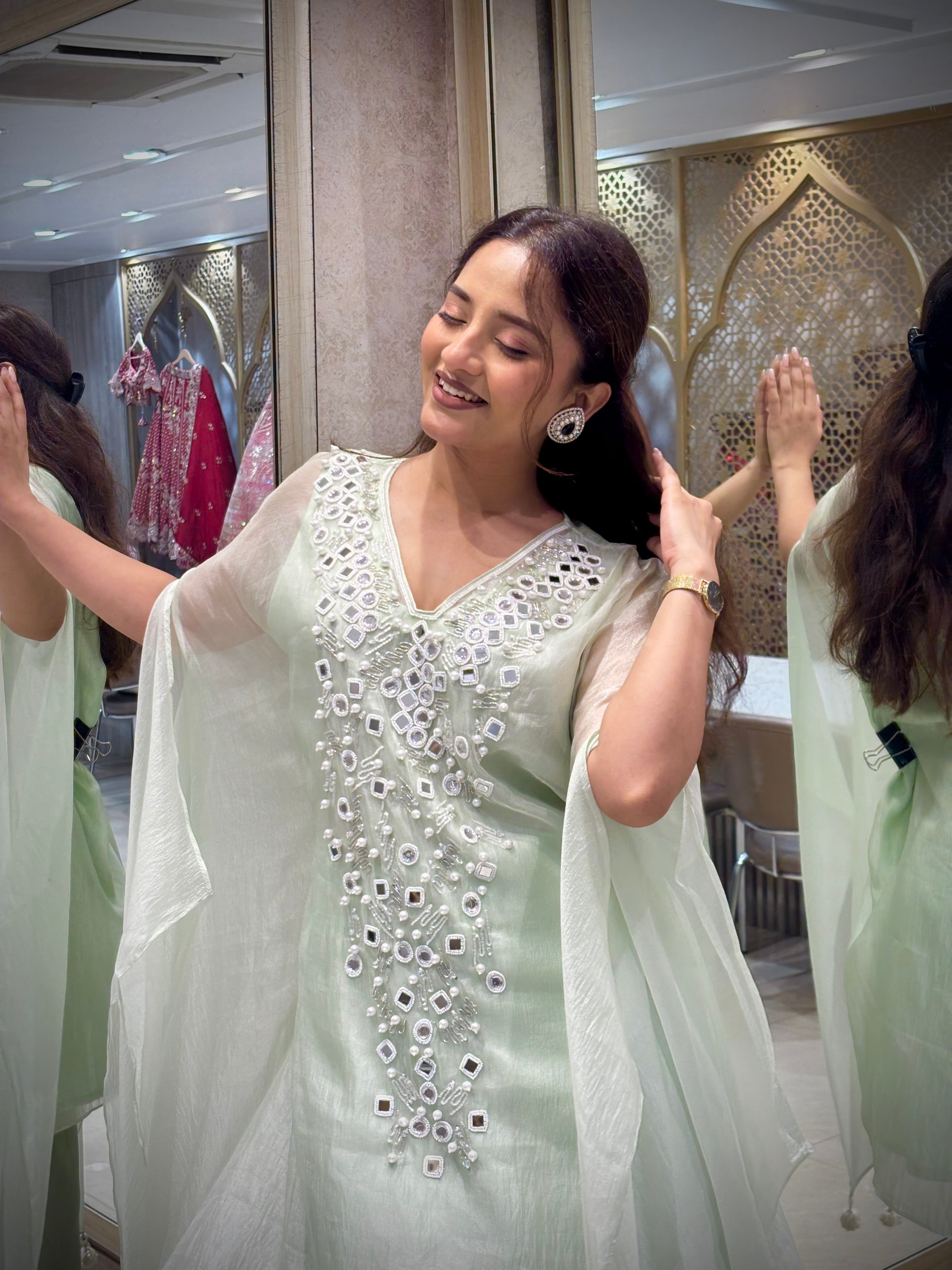 Mint Hand-Embellished Kaftan & Dhoti Set