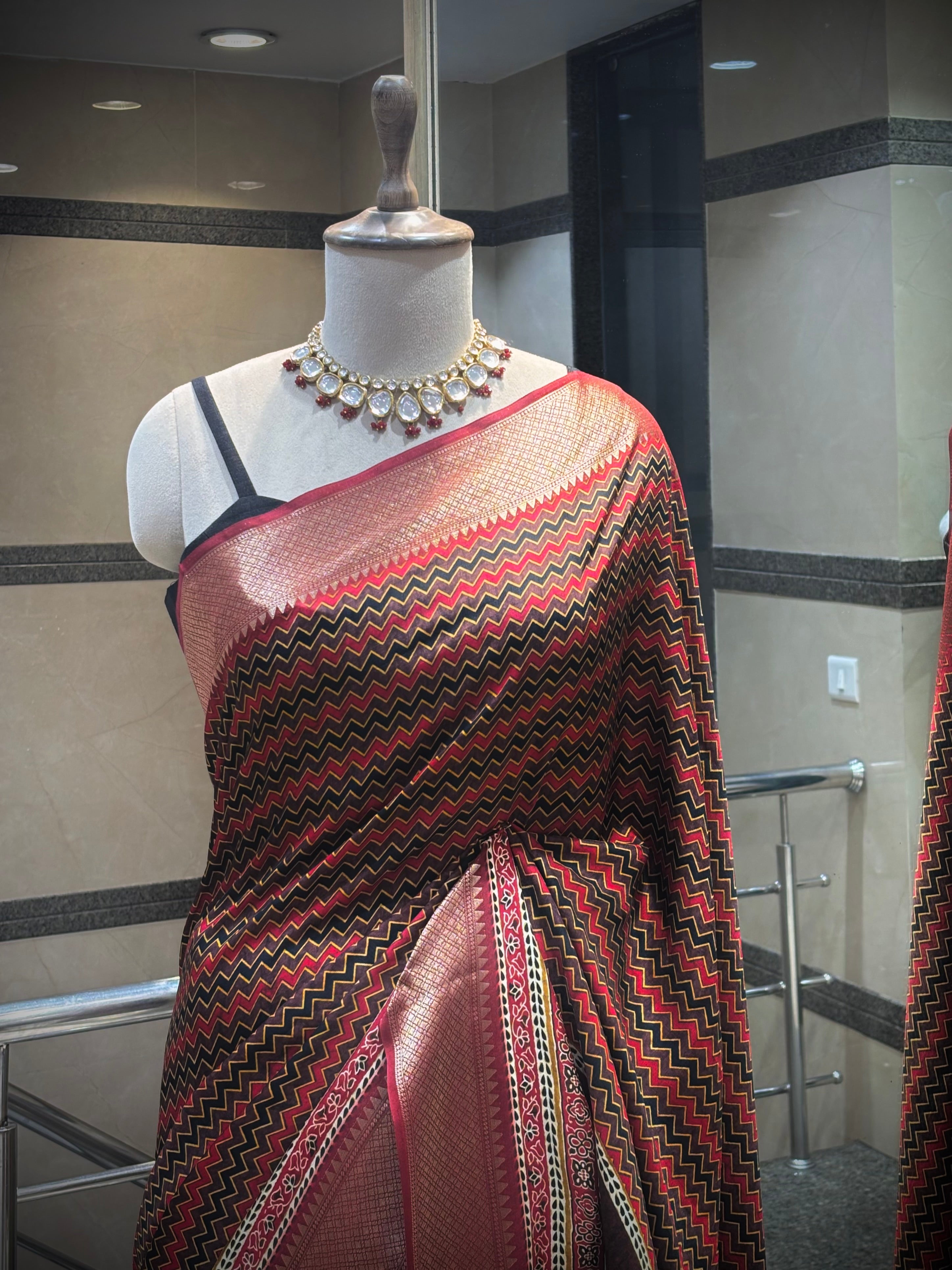 Chevron Print Saree with Zari Borders
