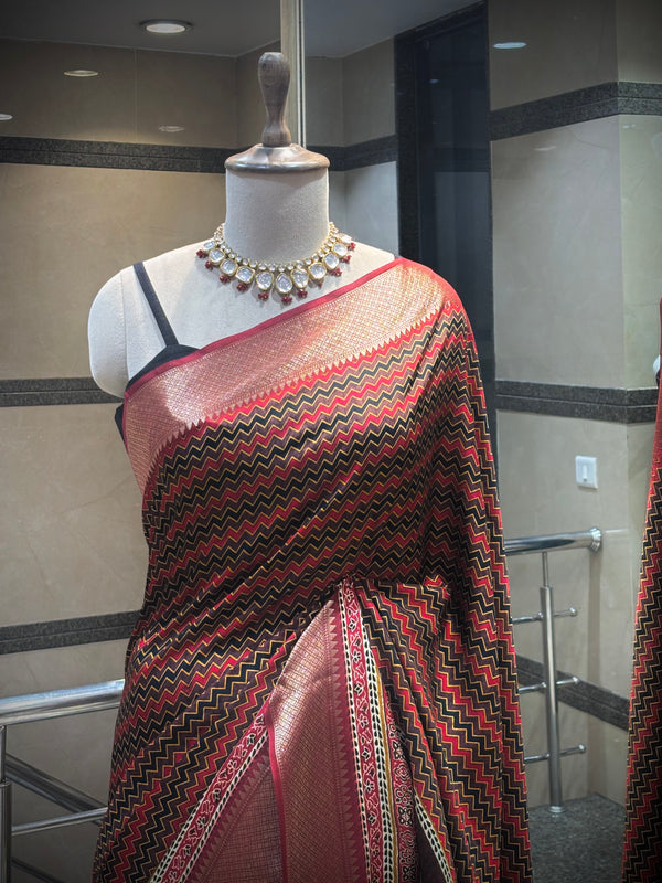Chevron Print Saree with Zari Borders
