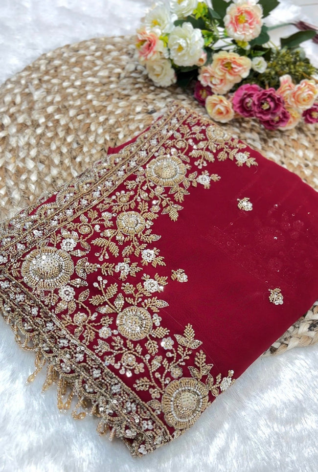 Surkh Red Embellished Saree Hover Image