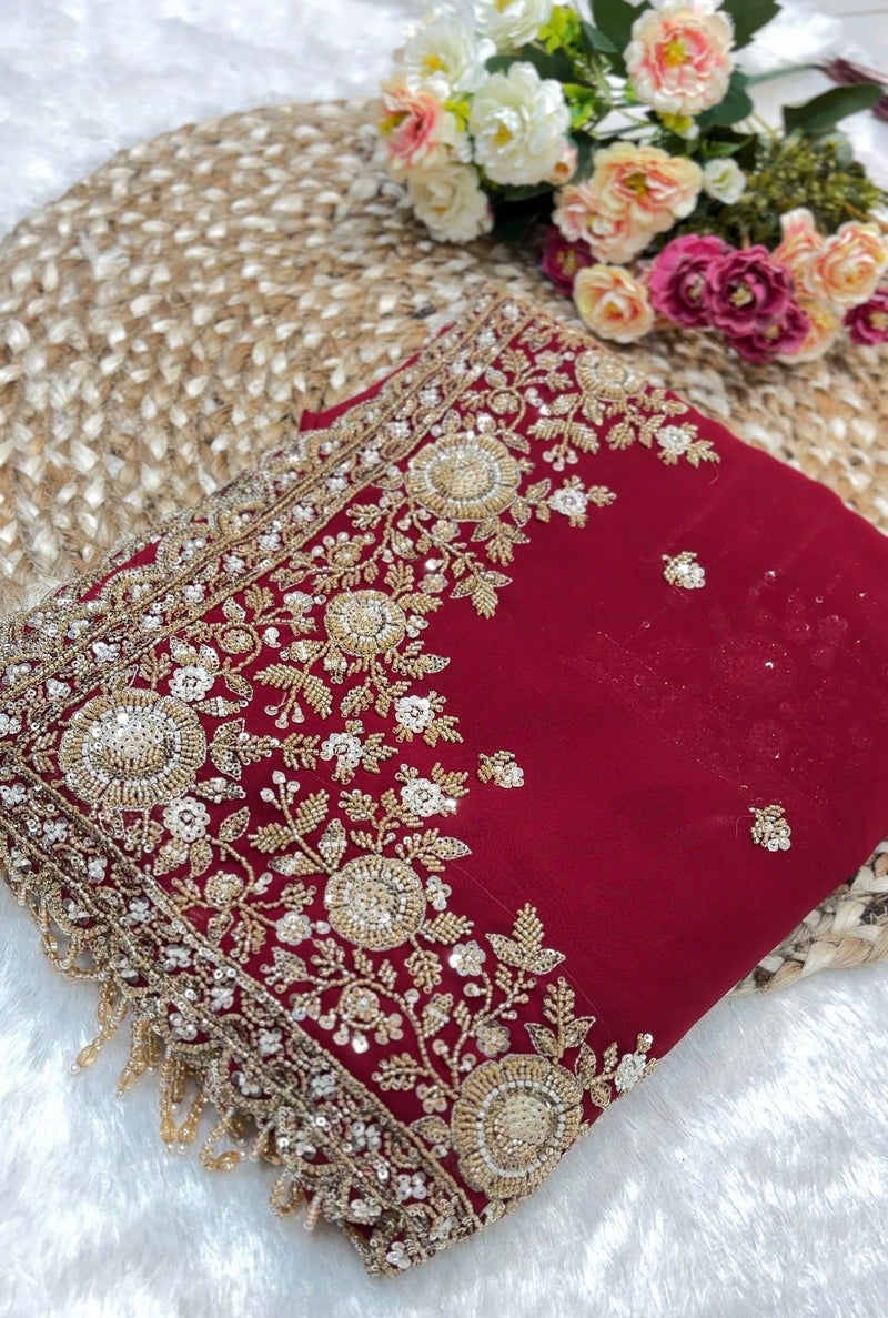 Surkh Red Embellished Saree