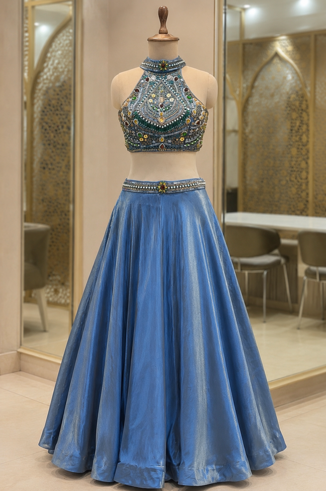 Ocean Blue Embellished Halter Lehenga Set Hover Image