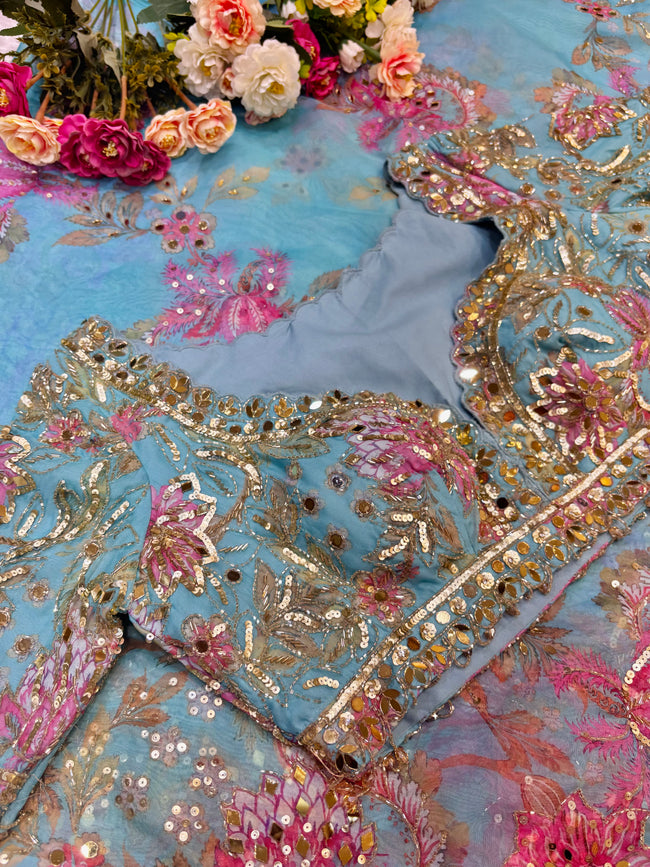 Powder blue Floral Embellished Sare) Hover Image