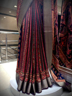 Charcoal & Madder Red Tussar Silk Saree