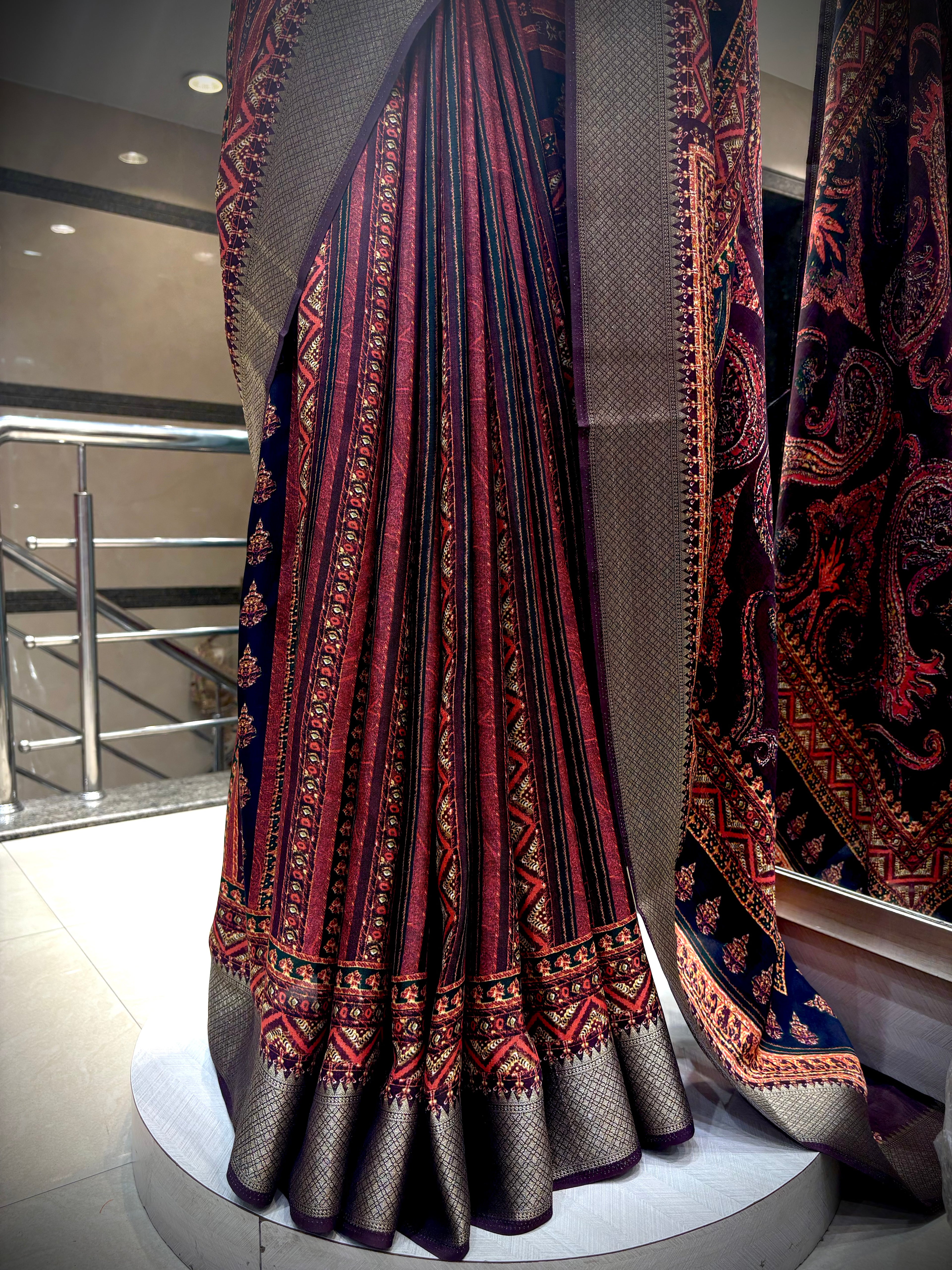 Charcoal & Madder Red Tussar Silk Saree