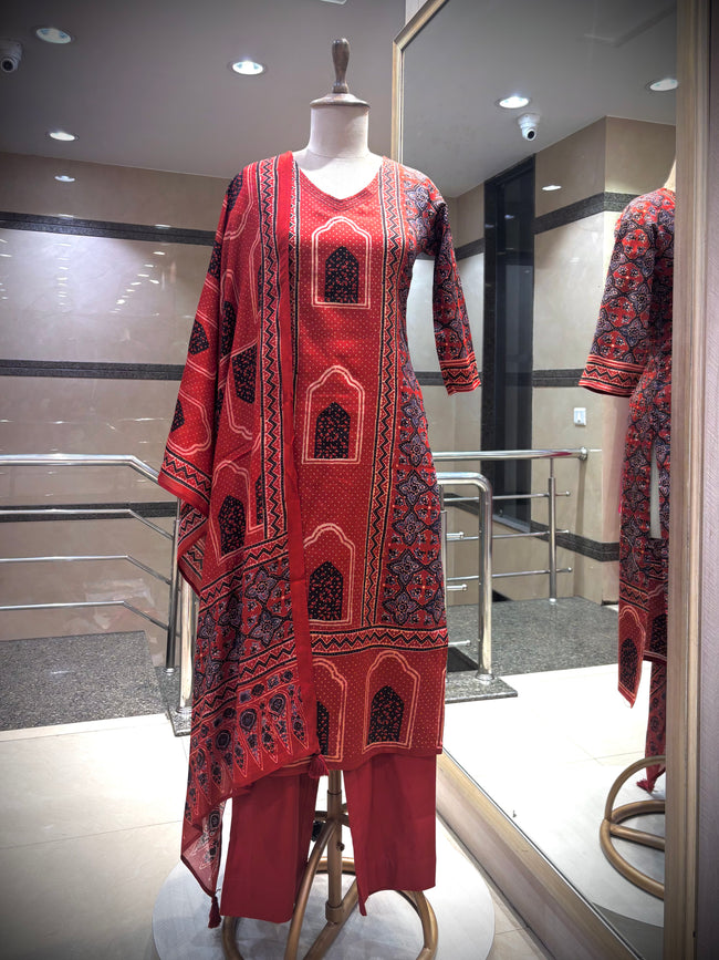 Terracotta Rust Ajrakh Print Kurta Set Hover Image