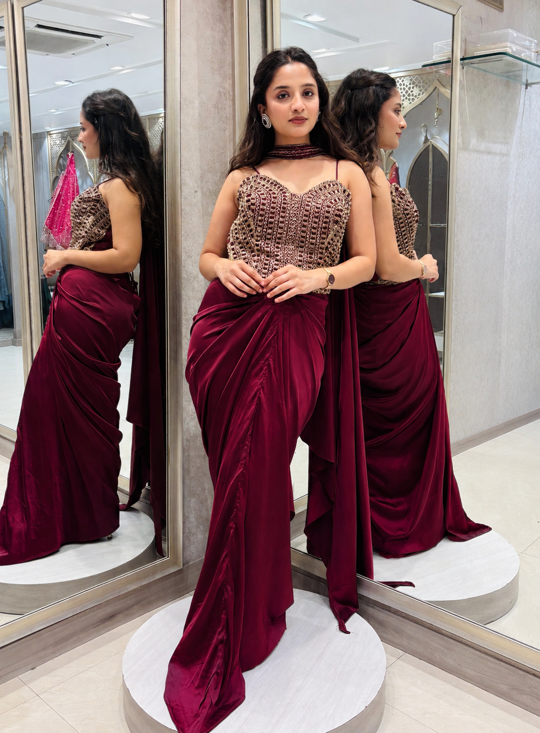 Maroon Embellished Drape Set