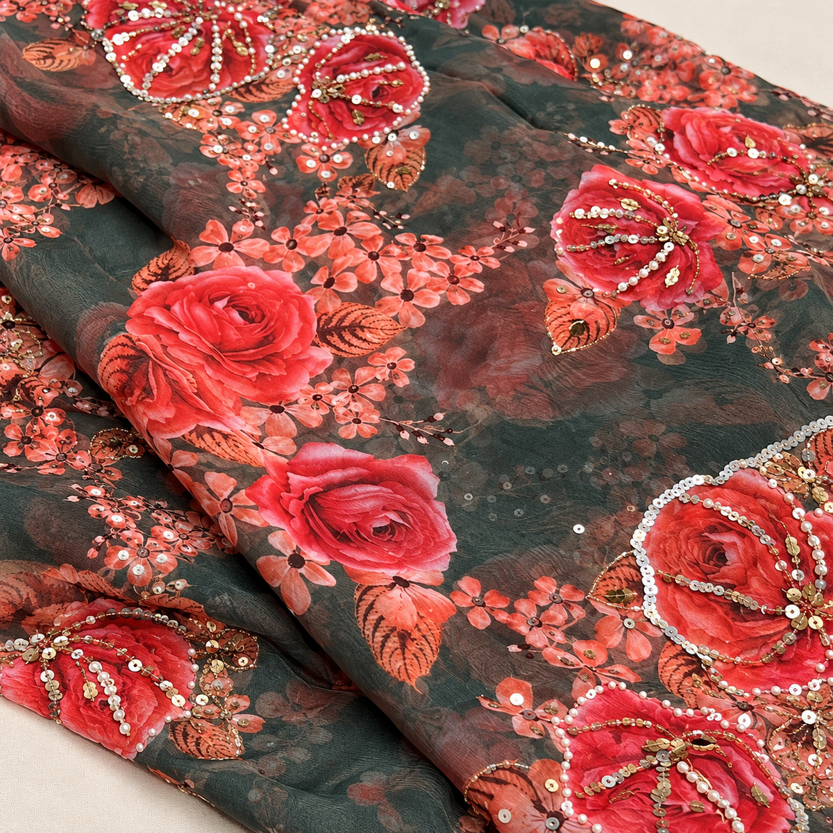 Deep Floral Embellished Saree