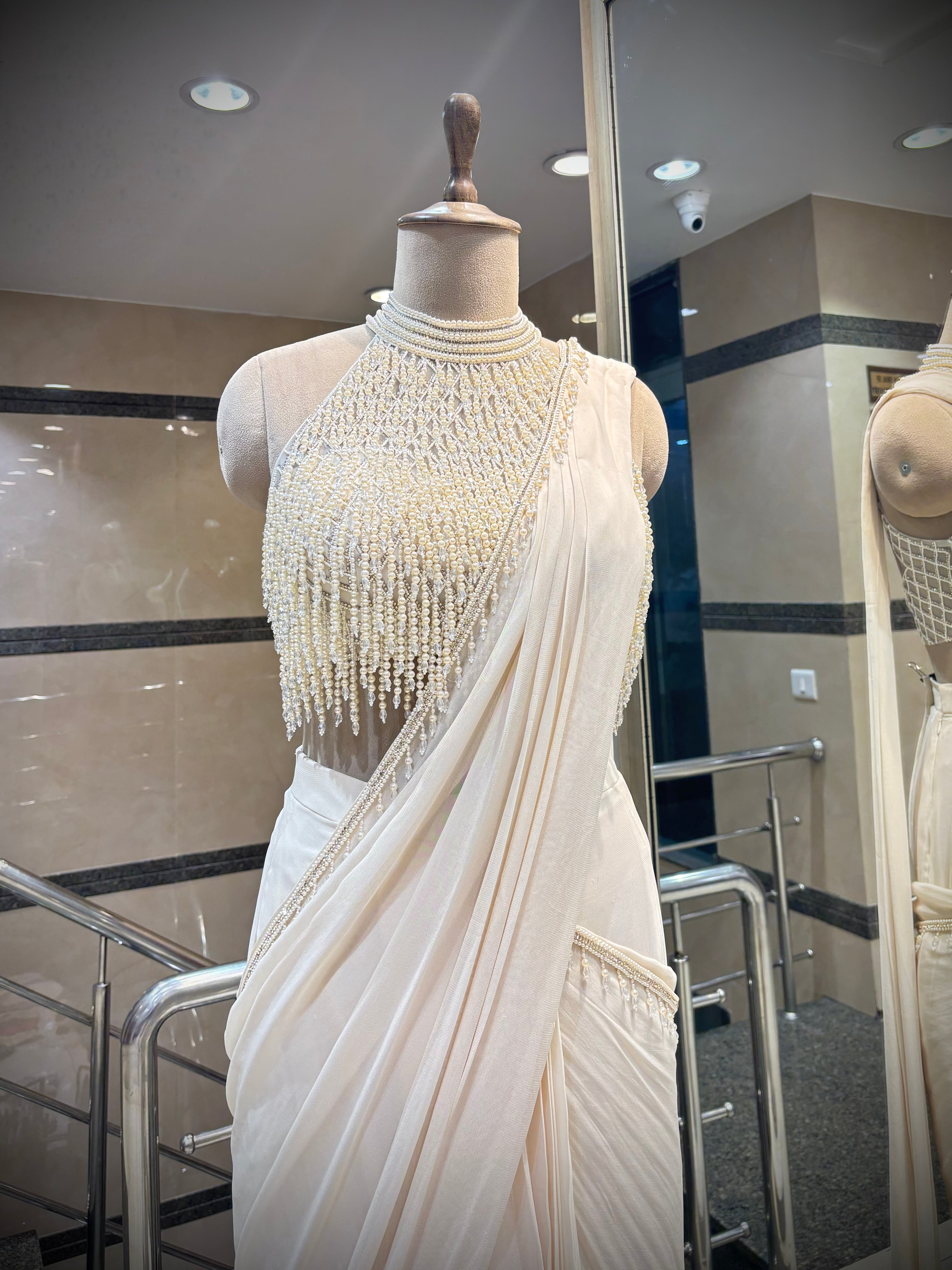 Ivory Pearl-Embellished Pre-Draped