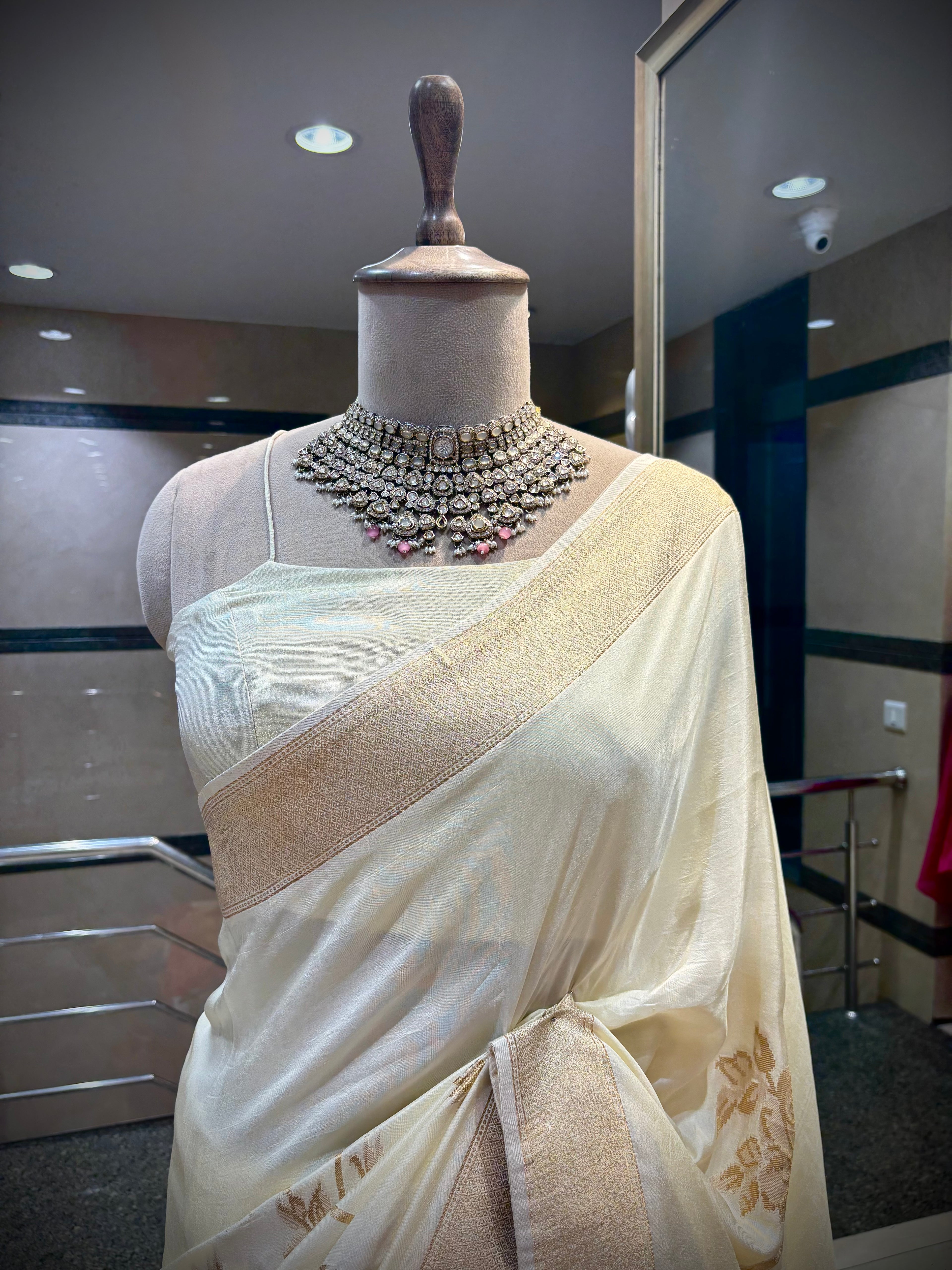 Ivory Silk Saree with Antique Gold