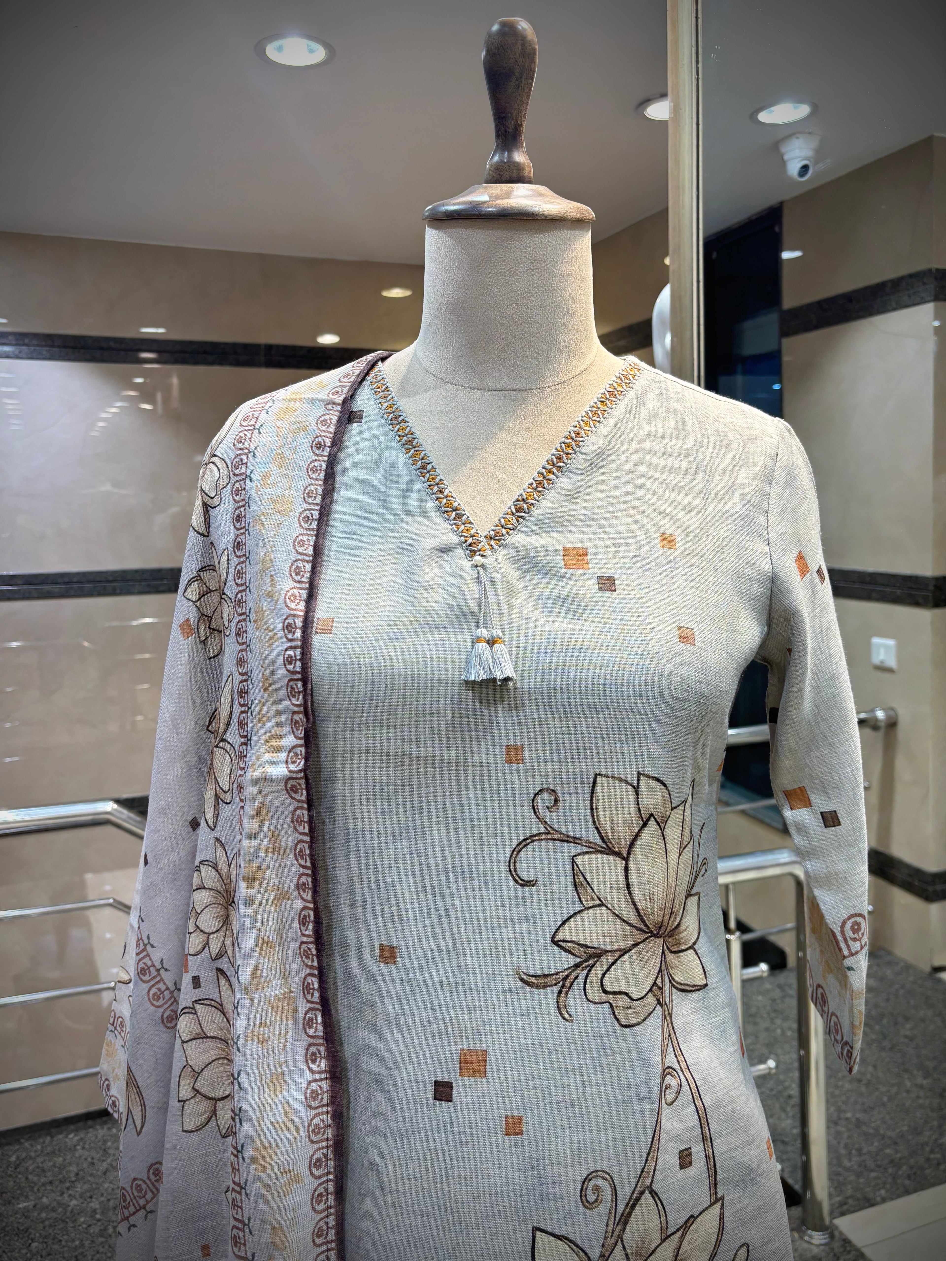 Muted Grey & Ochre Lotus Kurta Set