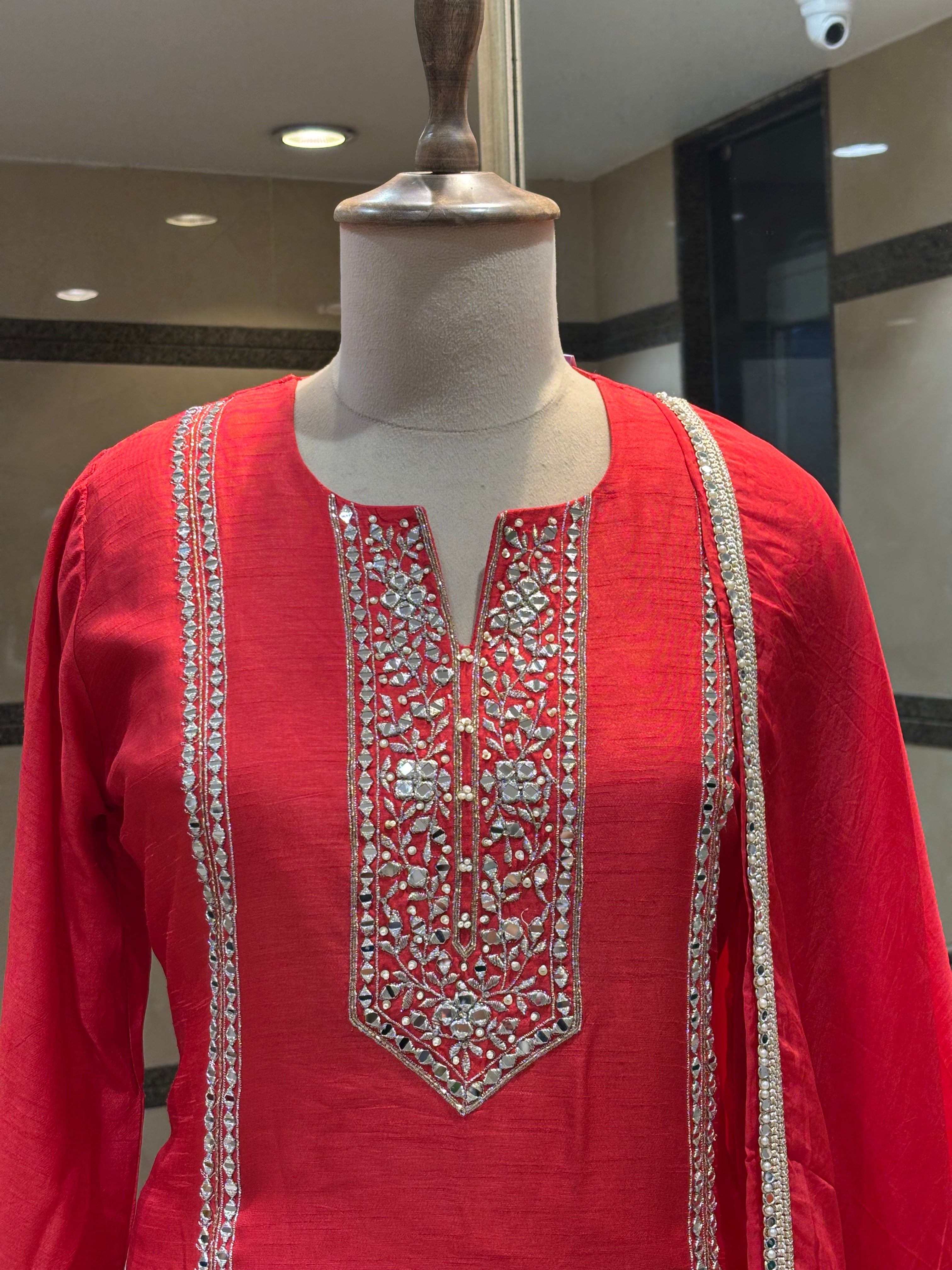 Coral Red Silk Farshi Suit Set