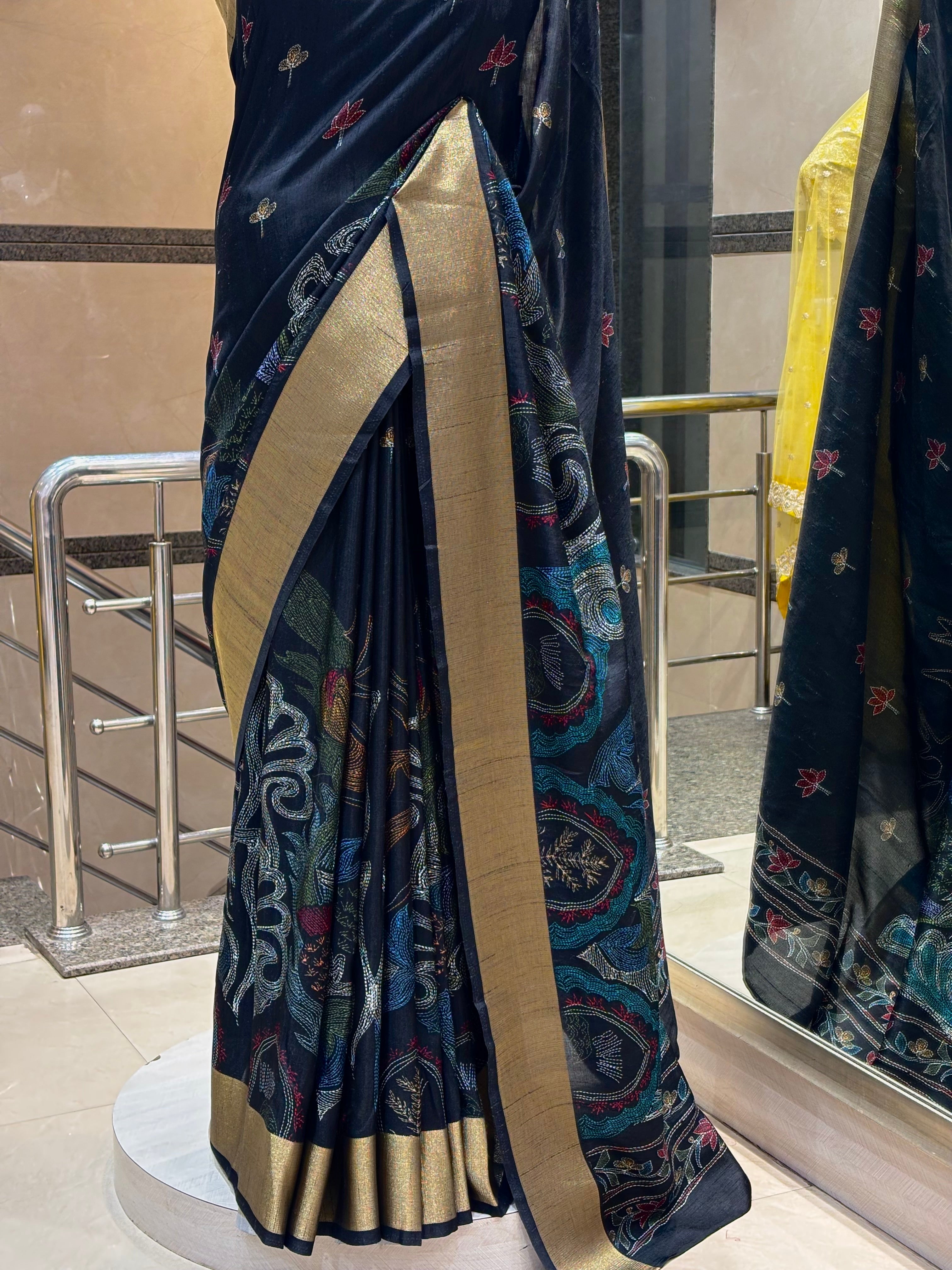 Midnight Kantha and Madhubani Print Saree
